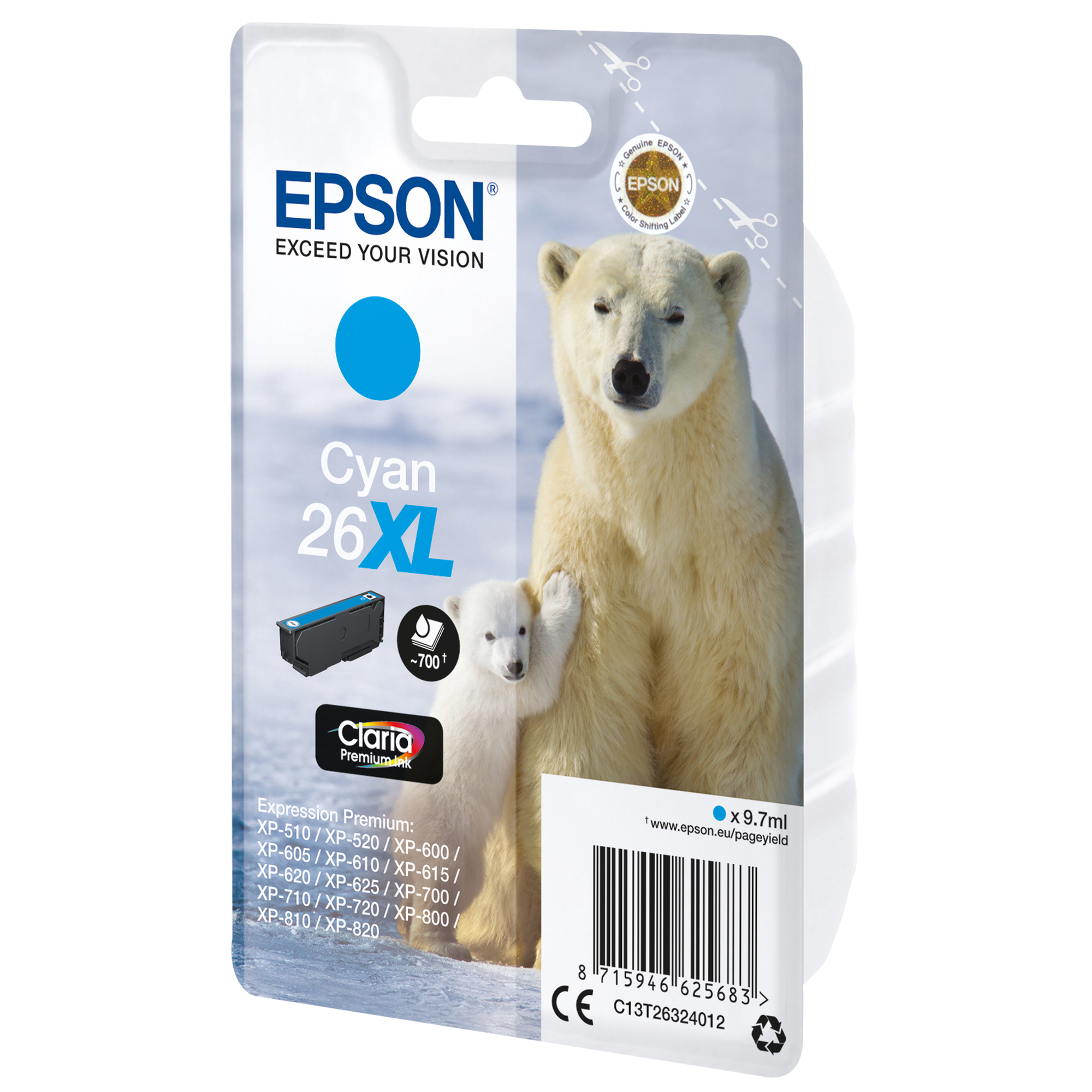Epson 26XL - 8.7 ml - XL - ciano - originale - blister - cartuccia d'inchiostro - per Expression Premium XP-510, 520, 600, 605, 610, 615, 620, 625, 700, 710, 720, 800, 810, 820