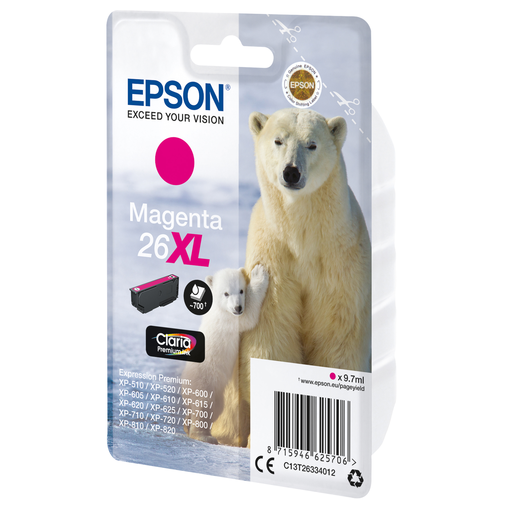 Epson 26XL - 8.7 ml - XL - magenta - originale - blister - cartuccia d'inchiostro - per Expression Premium XP-510, 520, 600, 605, 610, 615, 620, 625, 700, 710, 720, 800, 810, 820