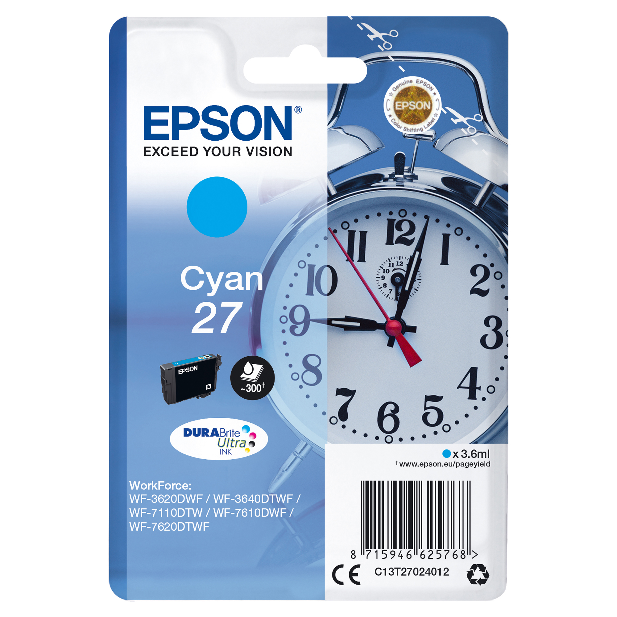 Epson 27 - 3.6 ml - ciano - originale - cartuccia d'inchiostro - per WorkForce WF-3620, WF-3640, WF-7110, WF-7210, WF-7610, WF-7620, WF-7710, WF-7715, WF-7720