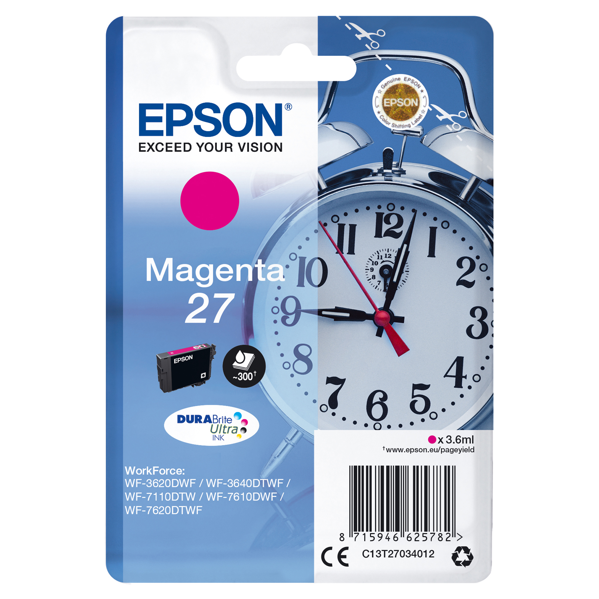 Epson 27 - 3.6 ml - magenta - originale - cartuccia d'inchiostro - per WorkForce WF-3620, WF-3640, WF-7110, WF-7210, WF-7610, WF-7620, WF-7710, WF-7715, WF-7720