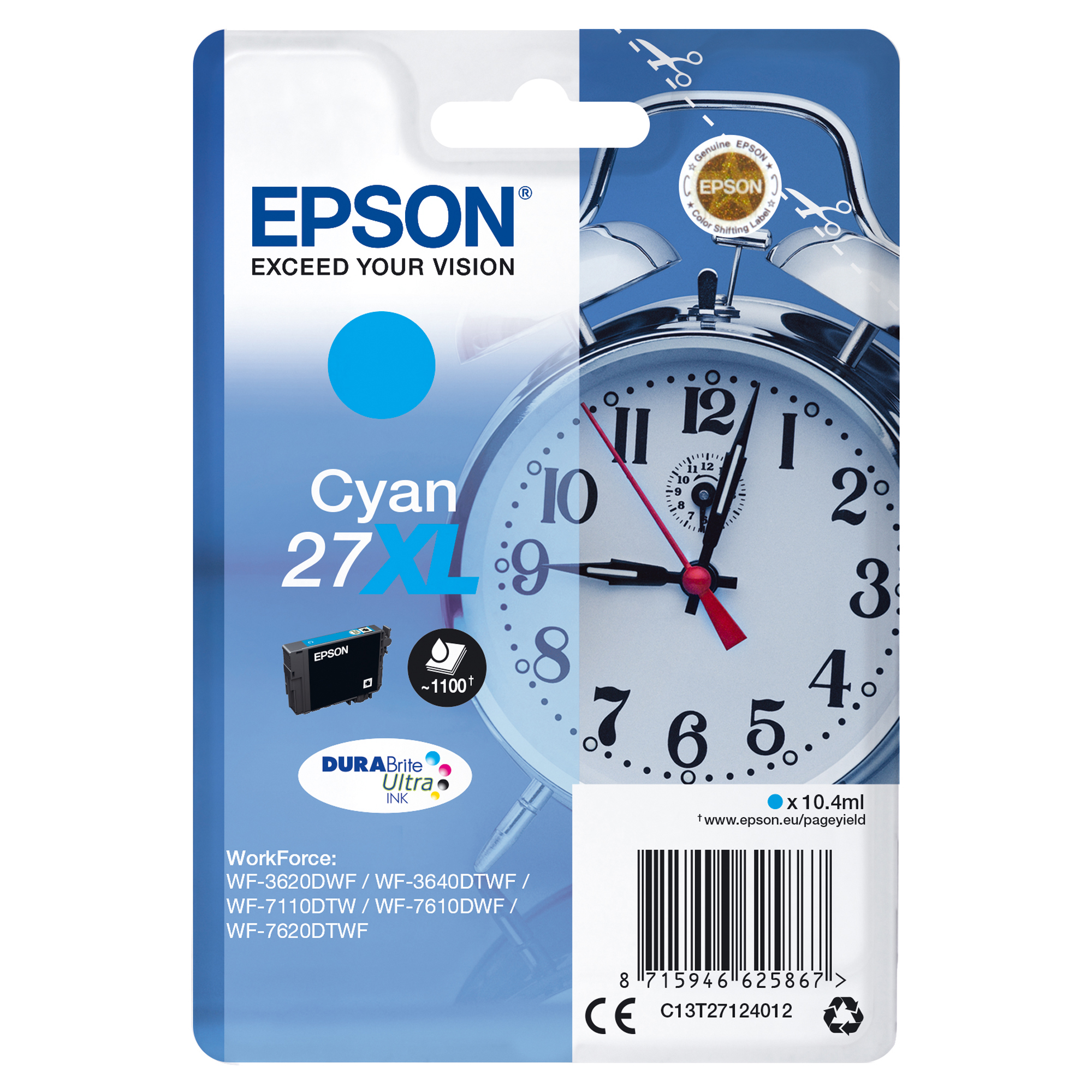 Epson 27XL - 10.4 ml - XL - ciano - originale - cartuccia d'inchiostro - per WorkForce WF-3620, WF-3640, WF-7110, WF-7210, WF-7610, WF-7620, WF-7710, WF-7715, WF-7720