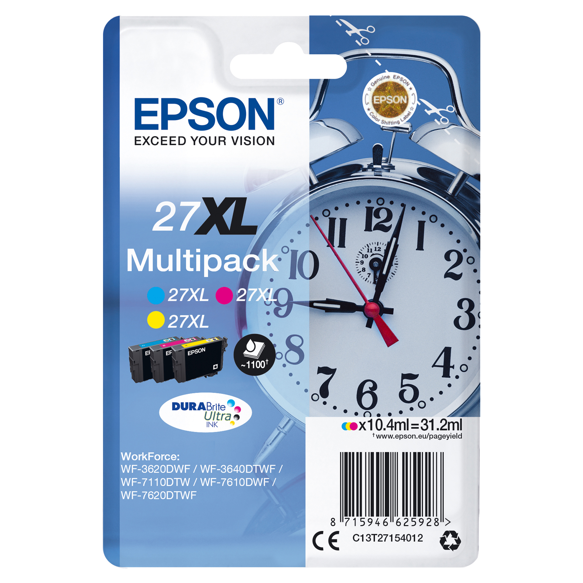 Epson 27XL Multipack - Confezione da 3 - 31.2 ml - XL - giallo, ciano, magenta - originale - cartuccia d'inchiostro - per WorkForce WF-3620, WF-3640, WF-7110, WF-7210, WF-7610, WF-7620, WF-7710, WF-7715, WF-7720