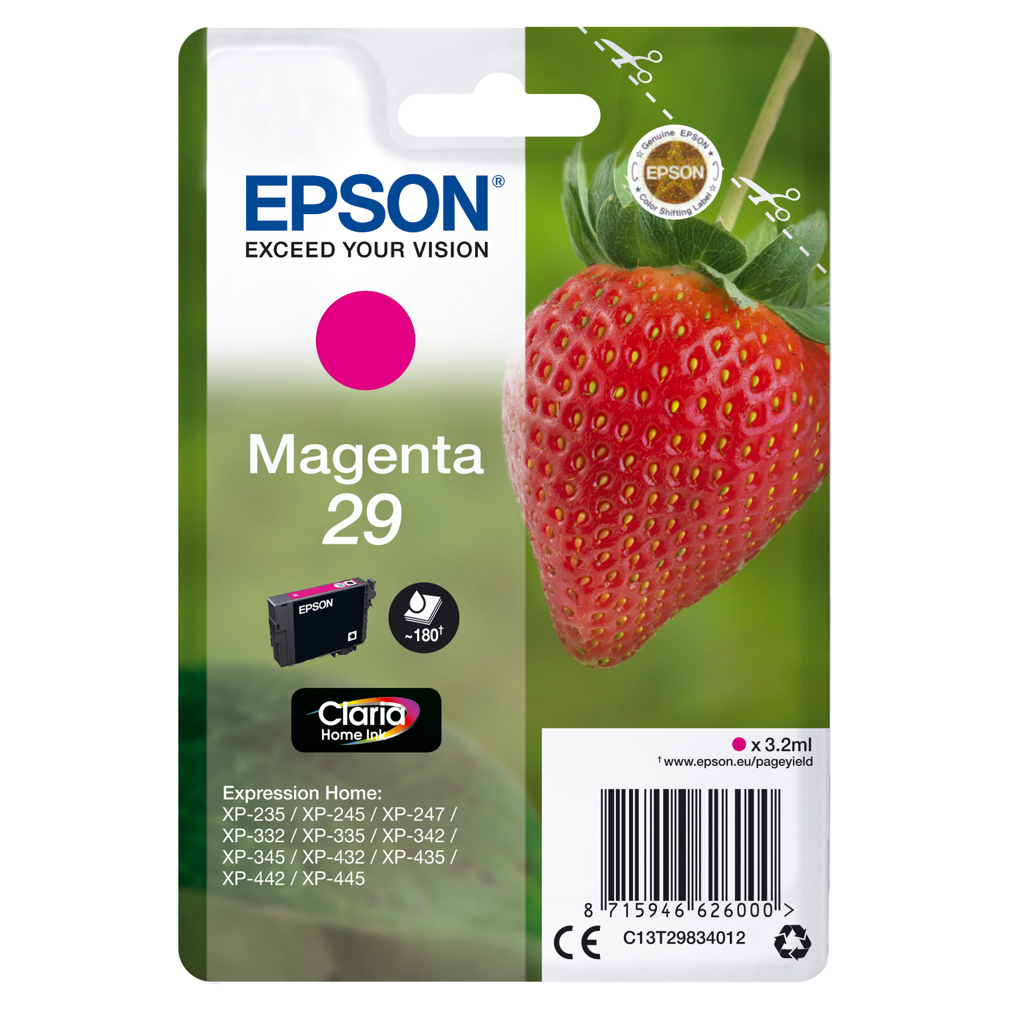 Epson 29 - 3.2 ml - magenta - originale - blister - cartuccia d'inchiostro - per Expression Home XP-245, 247, 255, 257, 332, 342, 345, 352, 355, 435, 442, 445, 452, 455