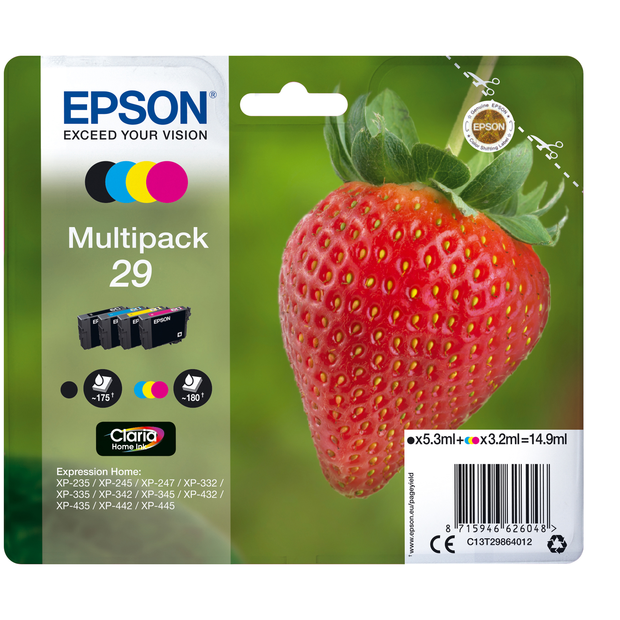 Epson 29 Multipack - Confezione da 4 - nero, giallo, ciano, magenta - originale - blister - cartuccia d'inchiostro - per Expression Home XP-245, 247, 255, 257, 332, 342, 345, 352, 355, 435, 442, 445, 452, 455
