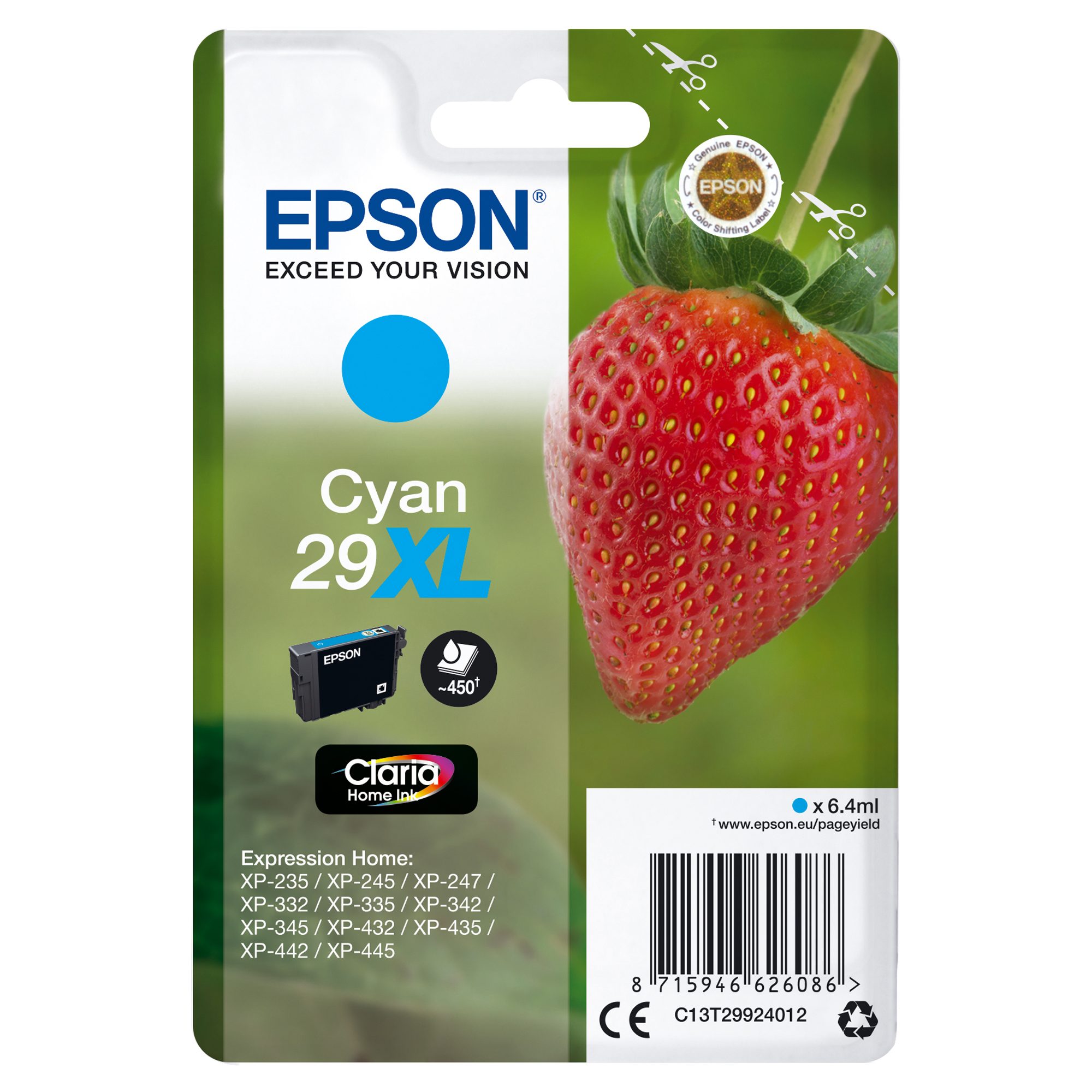 Epson 29XL - 6.4 ml - XL - ciano - originale - blister - cartuccia d'inchiostro - per Expression Home XP-245, 247, 255, 257, 332, 342, 345, 352, 355, 435, 442, 445, 452, 455