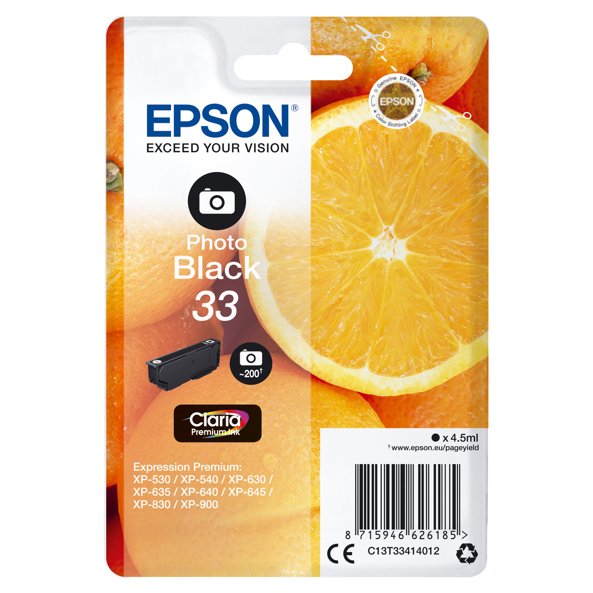 Epson 33 - 4.5 ml - nero per foto - originale - blister - cartuccia d'inchiostro - per Expression Home XP-635, 830; Expression Premium XP-530, 540, 630, 635, 640, 645, 830, 900