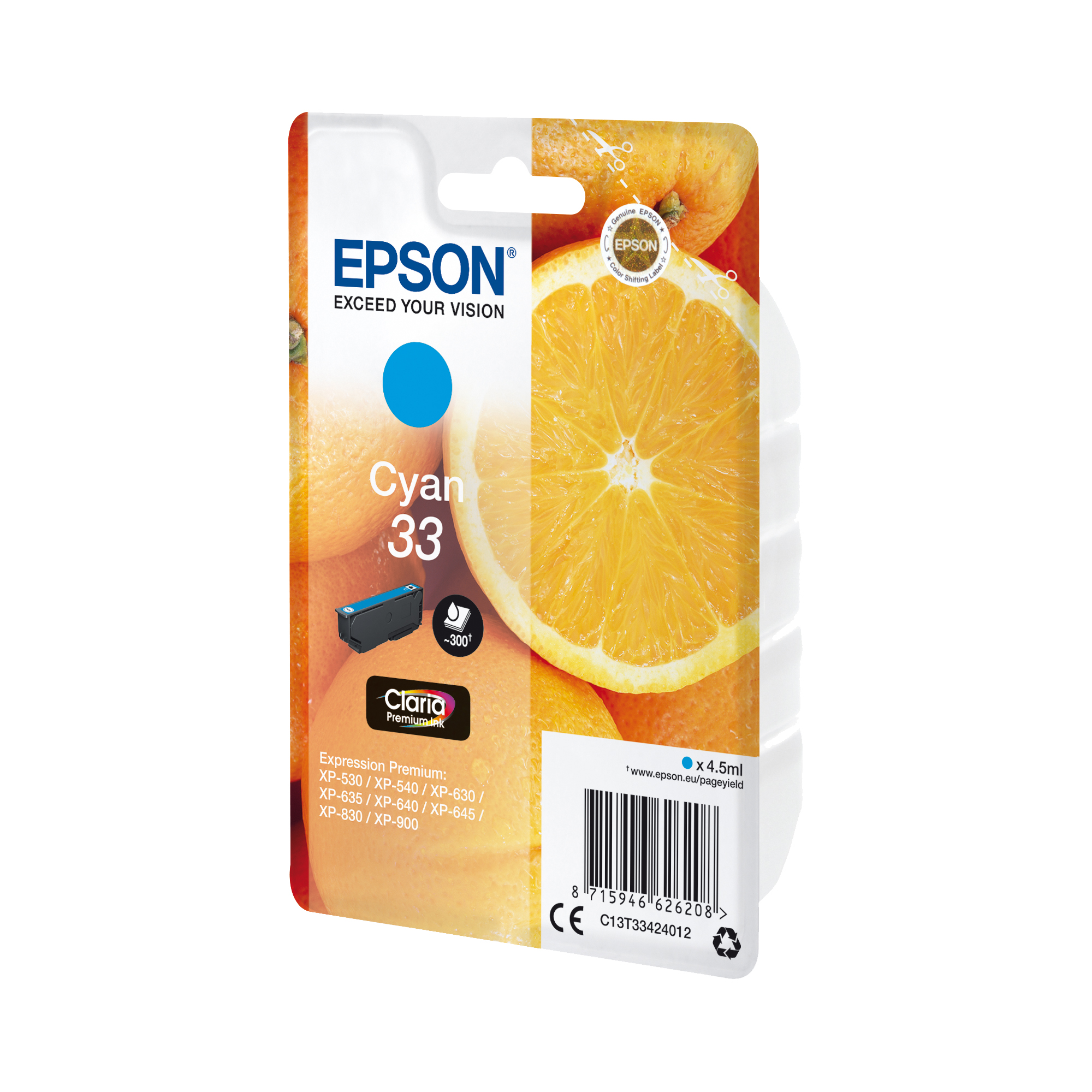Epson 33 - 4.5 ml - ciano - originale - blister - cartuccia d'inchiostro - per Expression Home XP-635, 830; Expression Premium XP-530, 540, 630, 635, 640, 645, 830, 900