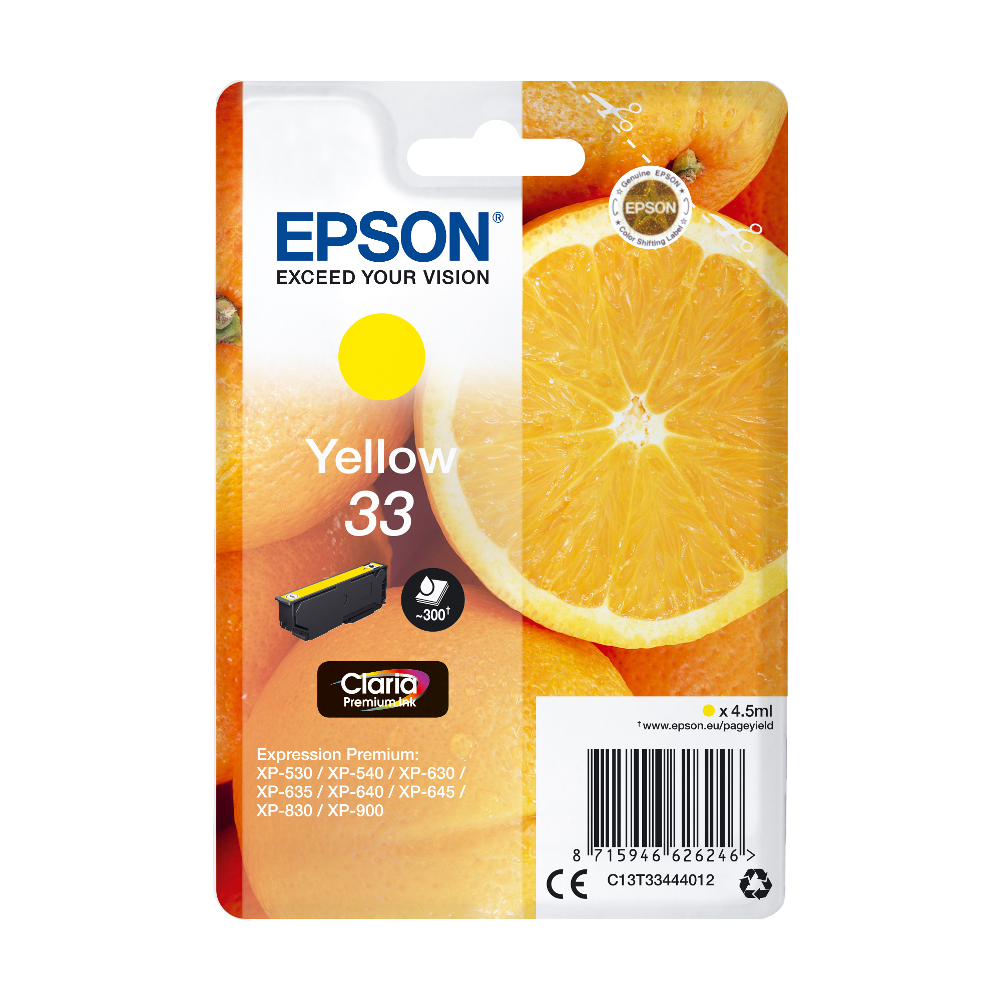 Epson 33 - 4.5 ml - giallo - originale - blister - cartuccia d'inchiostro - per Expression Home XP-635, 830; Expression Premium XP-530, 540, 630, 635, 640, 645, 830, 900