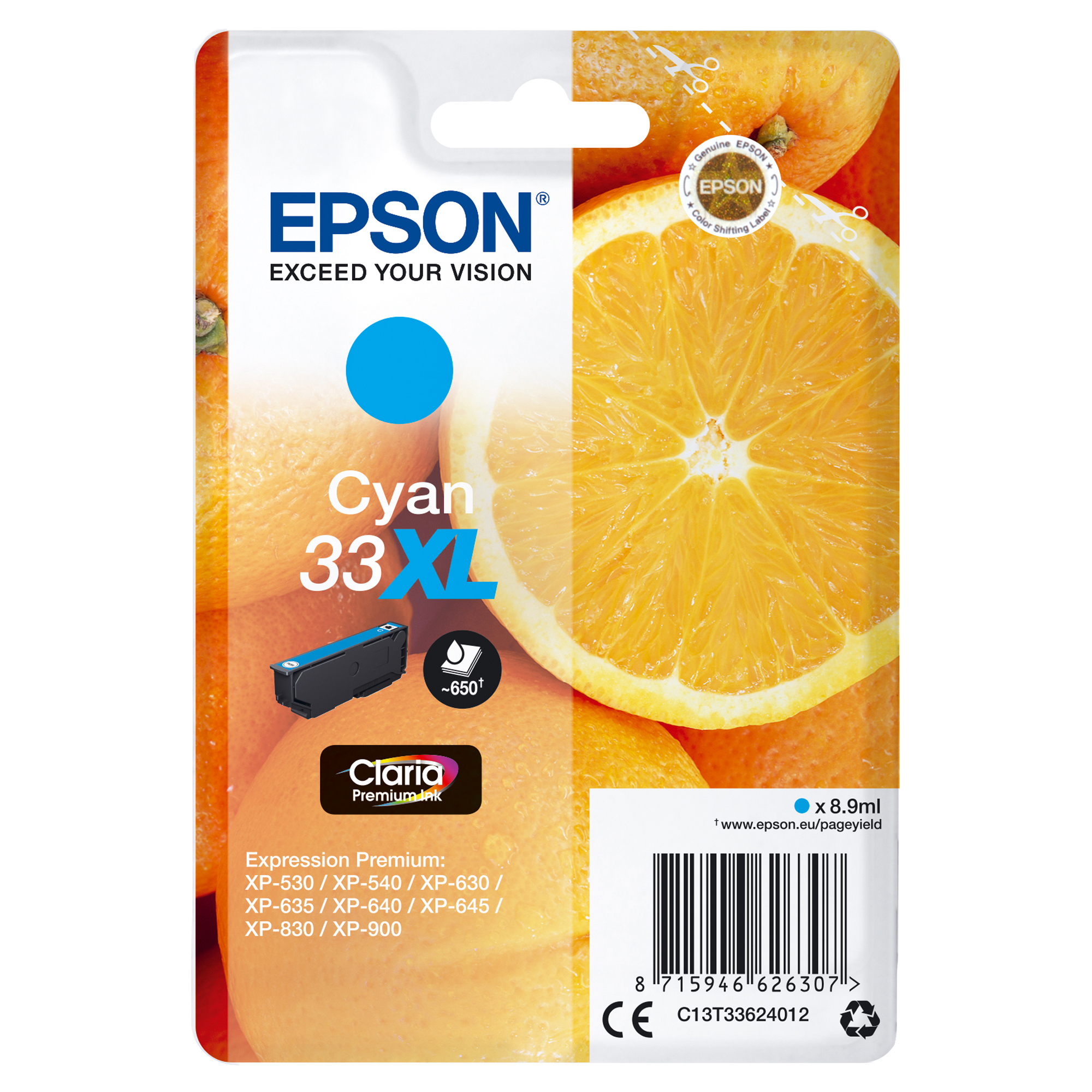 Epson 33XL - 8.9 ml - XL - ciano - originale - blister - cartuccia d'inchiostro - per Expression Home XP-635, 830; Expression Premium XP-530, 540, 630, 635, 640, 645, 830, 900