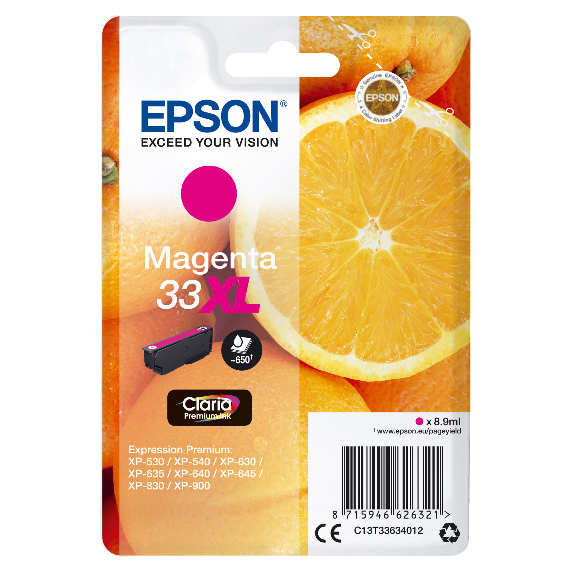 Epson 33XL - 8.9 ml - XL - magenta - originale - blister - cartuccia d'inchiostro - per Expression Home XP-635, 830; Expression Premium XP-530, 540, 630, 635, 640, 645, 830, 900