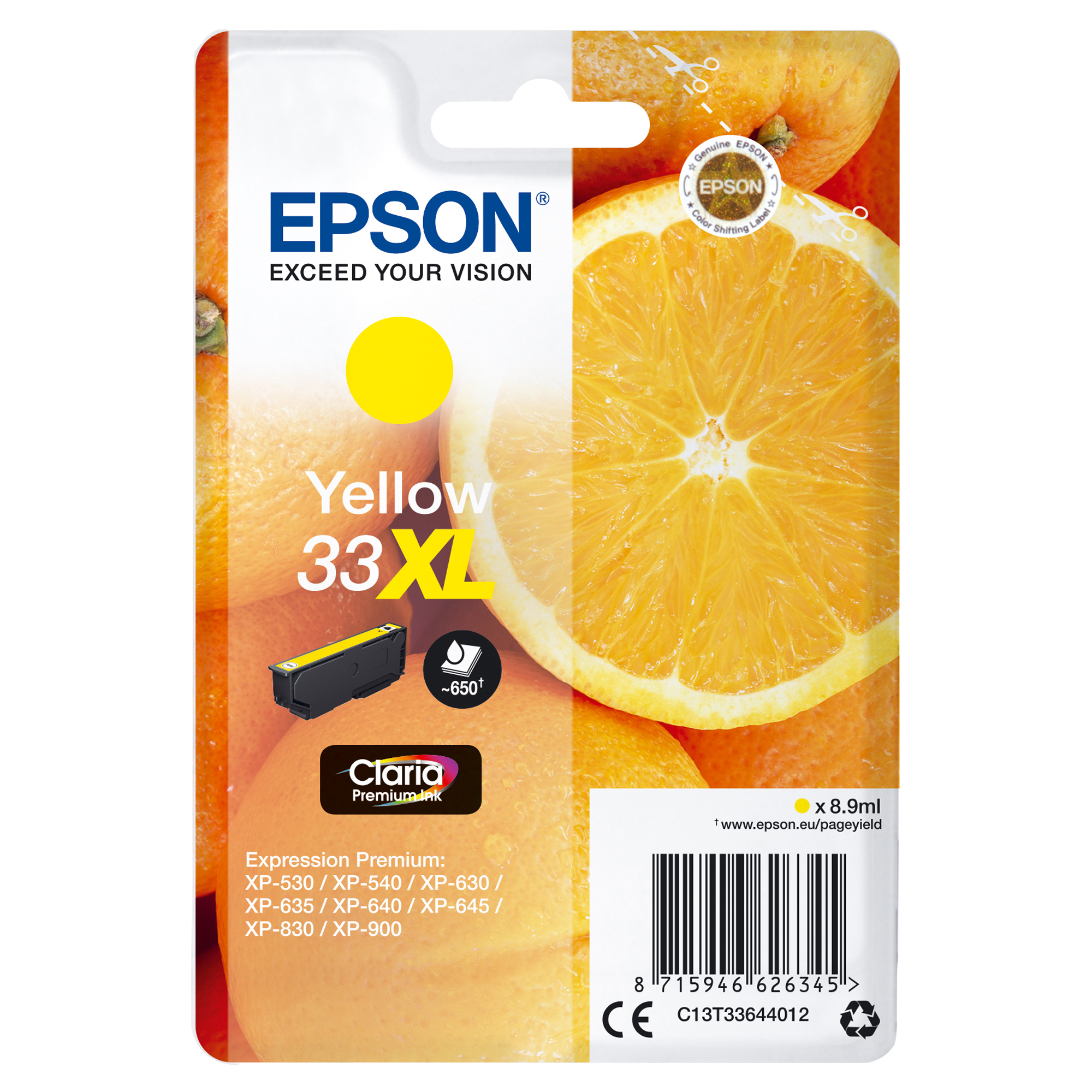 Epson 33XL - 8.9 ml - XL - giallo - originale - blister - cartuccia d'inchiostro - per Expression Home XP-635, 830; Expression Premium XP-530, 540, 630, 635, 640, 645, 830, 900