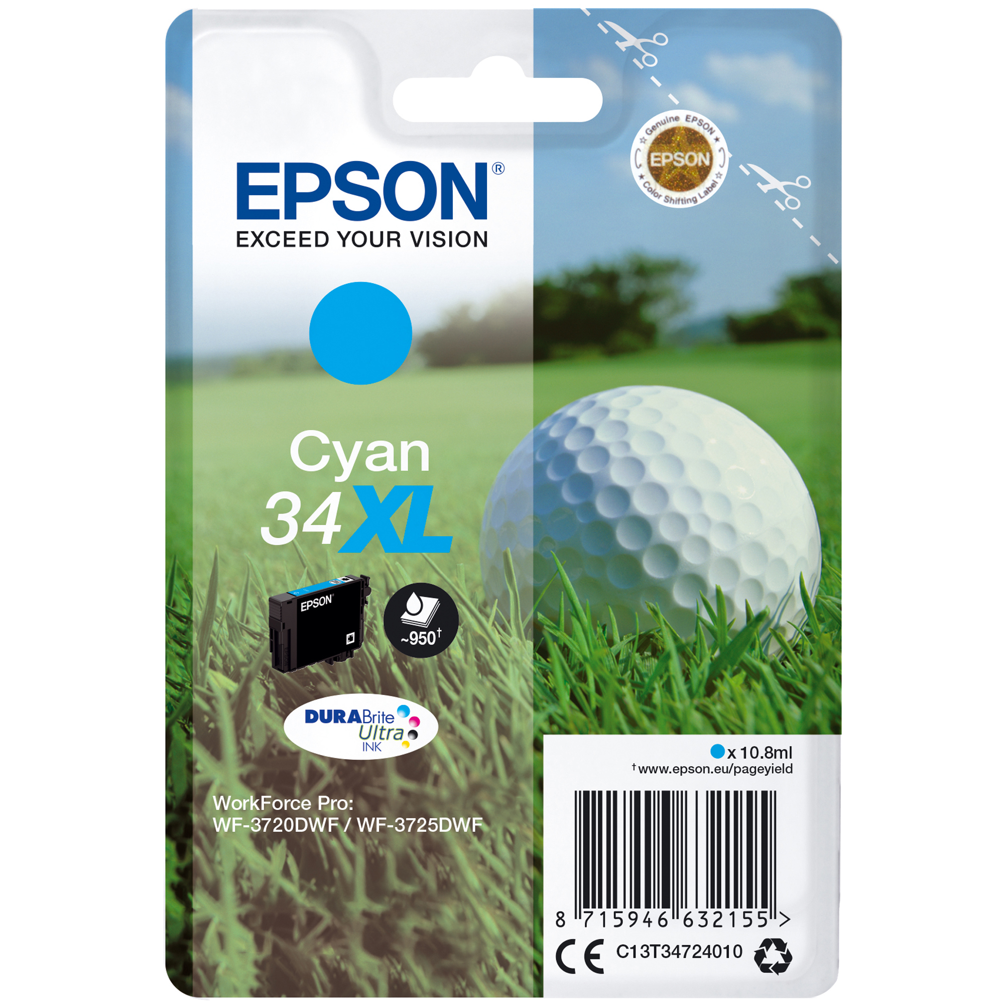 Epson 34XL - 10.8 ml - XL - ciano - originale - cartuccia d'inchiostro - per WorkForce Pro WF-3720, WF-3720DWF, WF-3725DWF