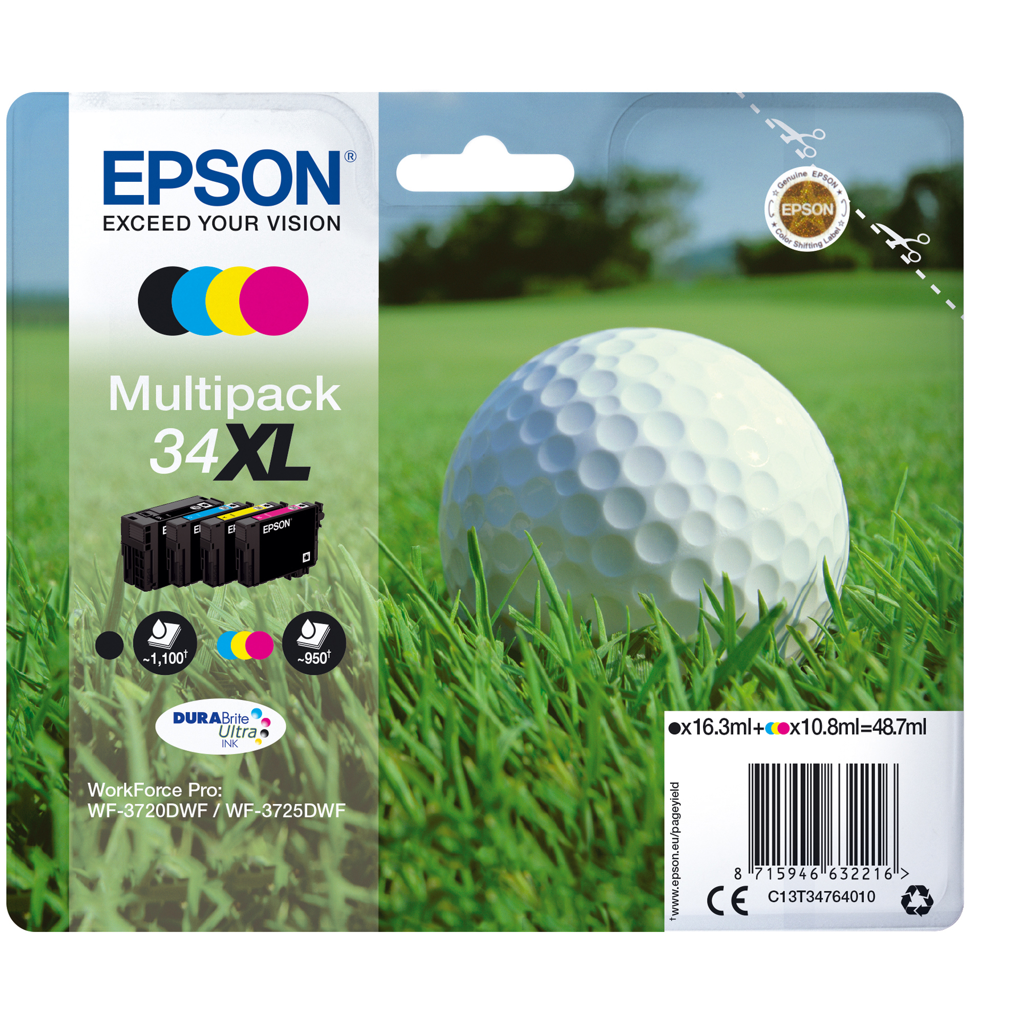 Epson 34XL - Confezione da 4 - XL - nero, giallo, ciano, magenta - originale - blister - cartuccia d'inchiostro - per WorkForce Pro WF-3720, WF-3720DWF, WF-3725DWF