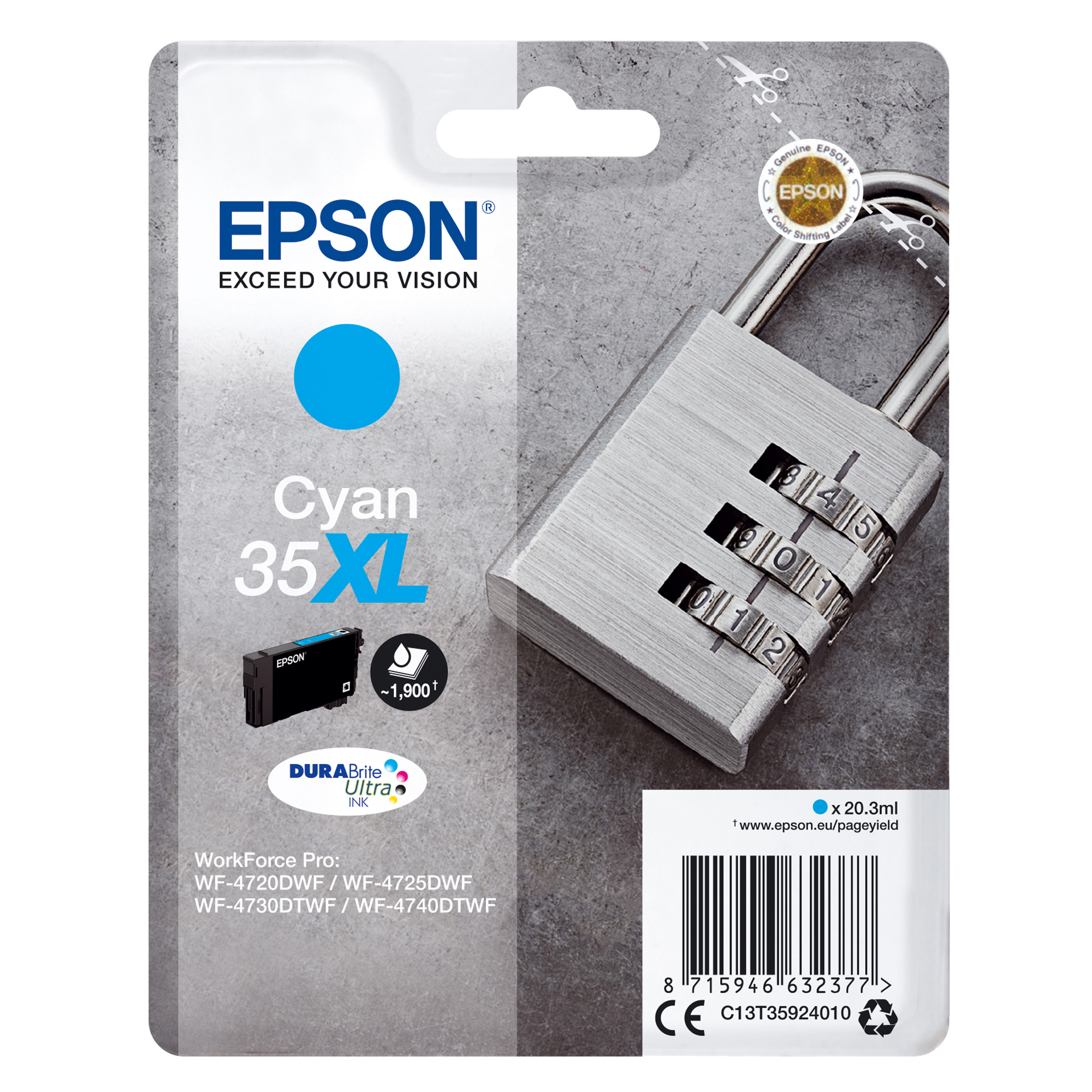 Epson 35XL - 20.3 ml - XL - ciano - originale - blister - cartuccia d'inchiostro - per WorkForce Pro WF-4720, WF-4720DWF, WF-4725DWF, WF-4730, WF-4730DTWF, WF-4740, WF-4740DTWF