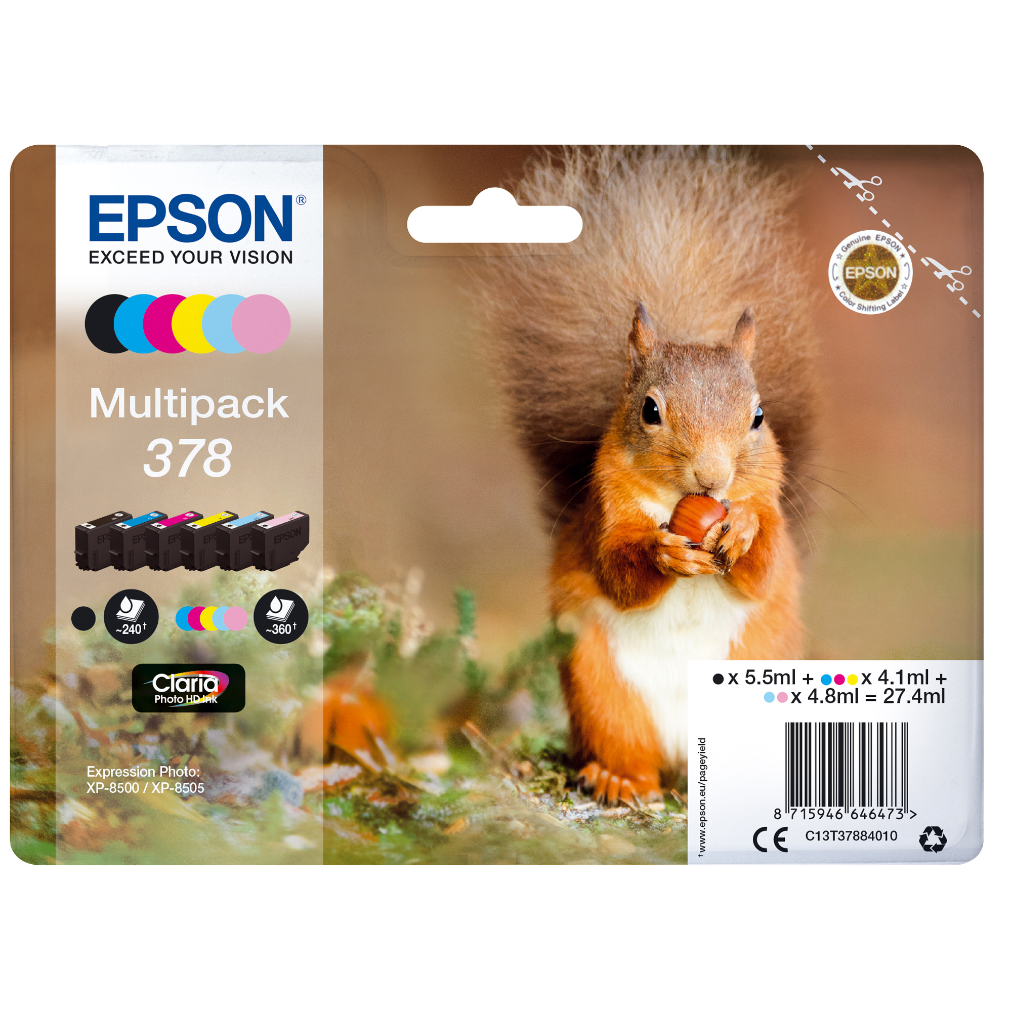 Epson Multipack 378 - Confezione da 6 - nero, giallo, ciano, magenta, magenta chiaro, cyan chiaro - originale - blister - cartuccia d'inchiostro - per Expression Home XP-8605, XP-8606; Expression Photo XP-8500, XP-8505, XP-8700