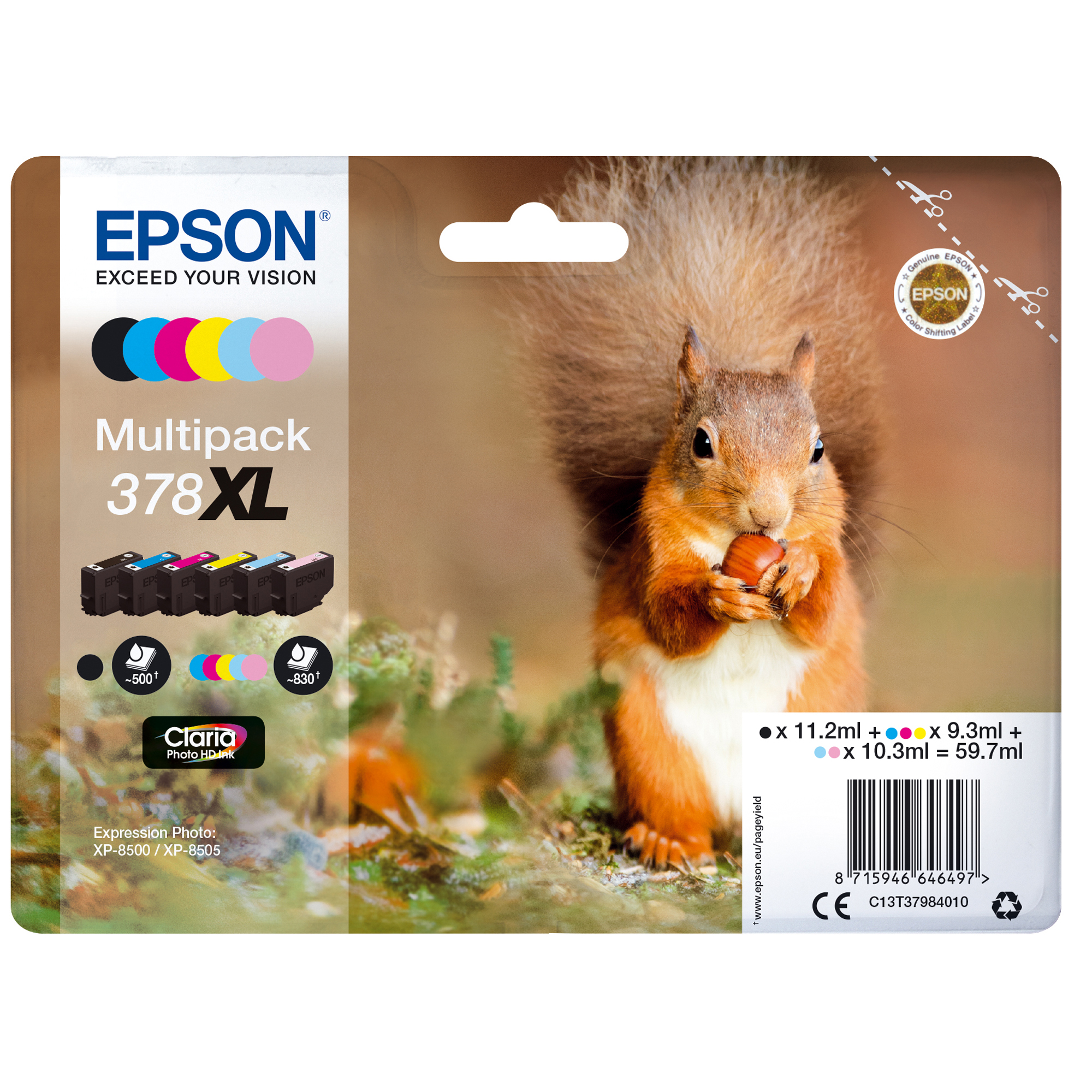 Epson 378XL Multipack - Confezione da 6 - XL - nero, giallo, ciano, magenta, magenta chiaro, cyan chiaro - originale - blister - cartuccia d'inchiostro - per Expression Home XP-8605, XP-8606; Expression Photo XP-8500, XP-8505, XP-8700