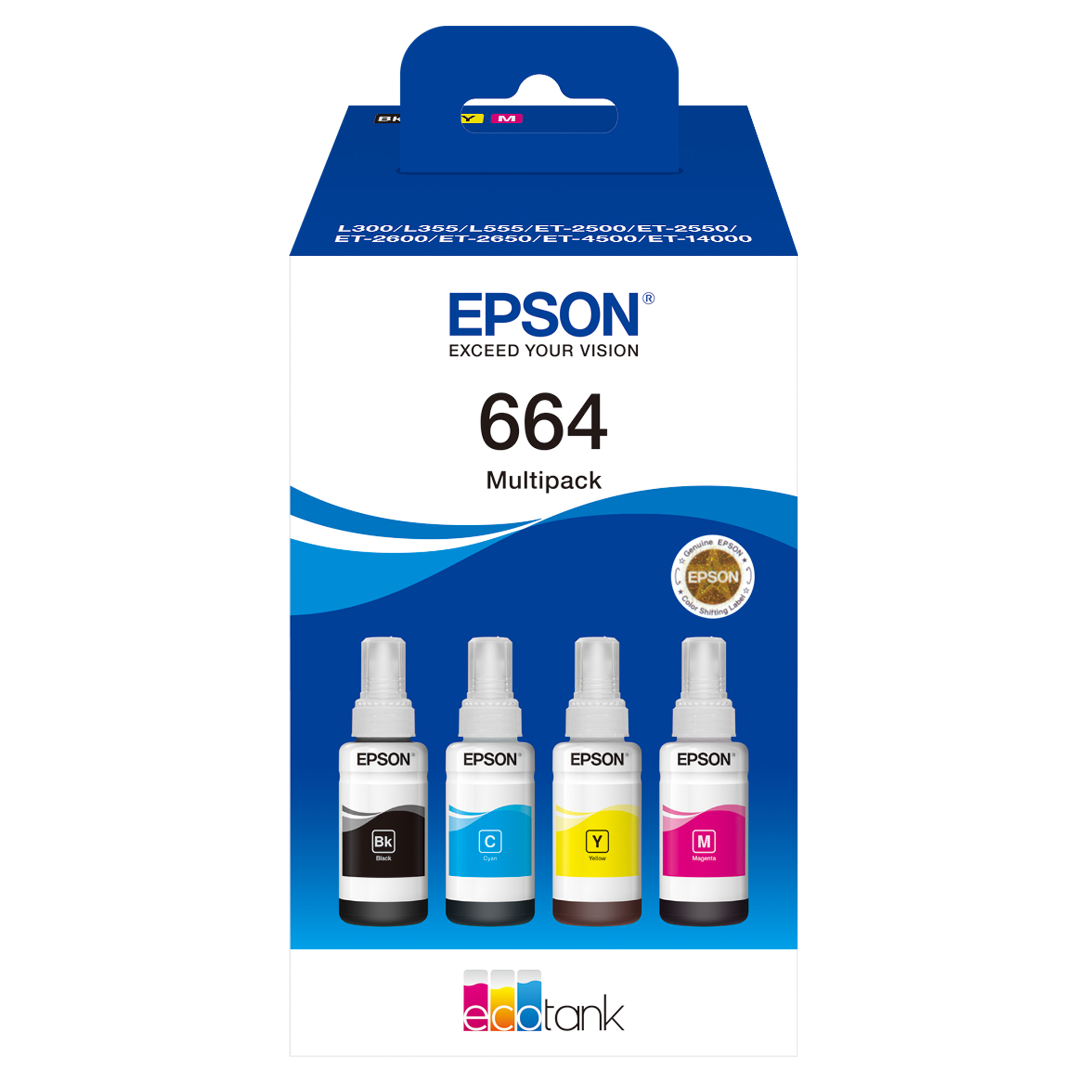 Epson EcoTank 664 - Confezione da 4 - nero, giallo, ciano, magenta - originale - ricarica inchiostro - per Epson L380, L395, L495; EcoTank ET-2650, L1455, L656; EcoTank ITS L3050, L3060, L3070