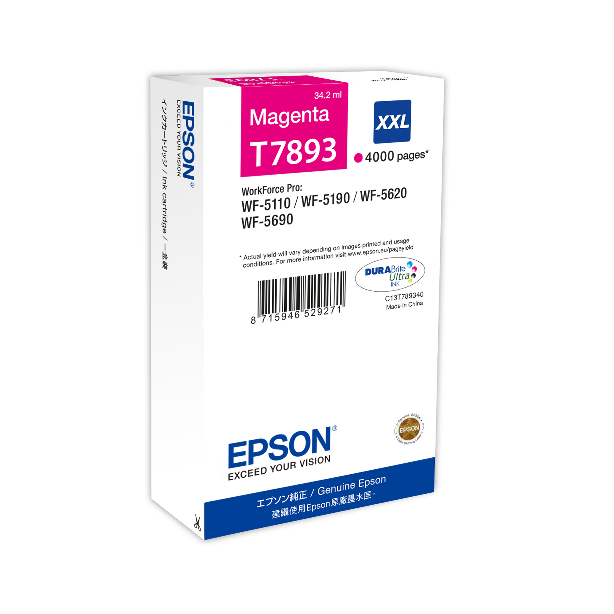 Epson T7893 - 34.2 ml - misura XXL - magenta - originale - cartuccia di stampa - per WorkForce Pro WF-5110DW, WF-5190DW, WF-5190DW BAM, WF-5620DWF, WF-5690DWF, WF-5690DWF BAM