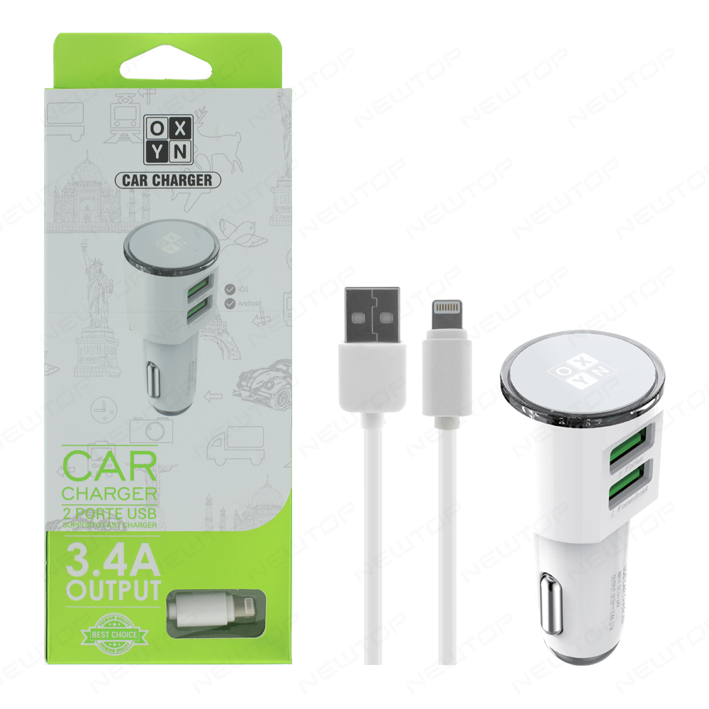 OXYN CARICATORE AUTO 3.4A 2USB CON CAVO LIGHTNING