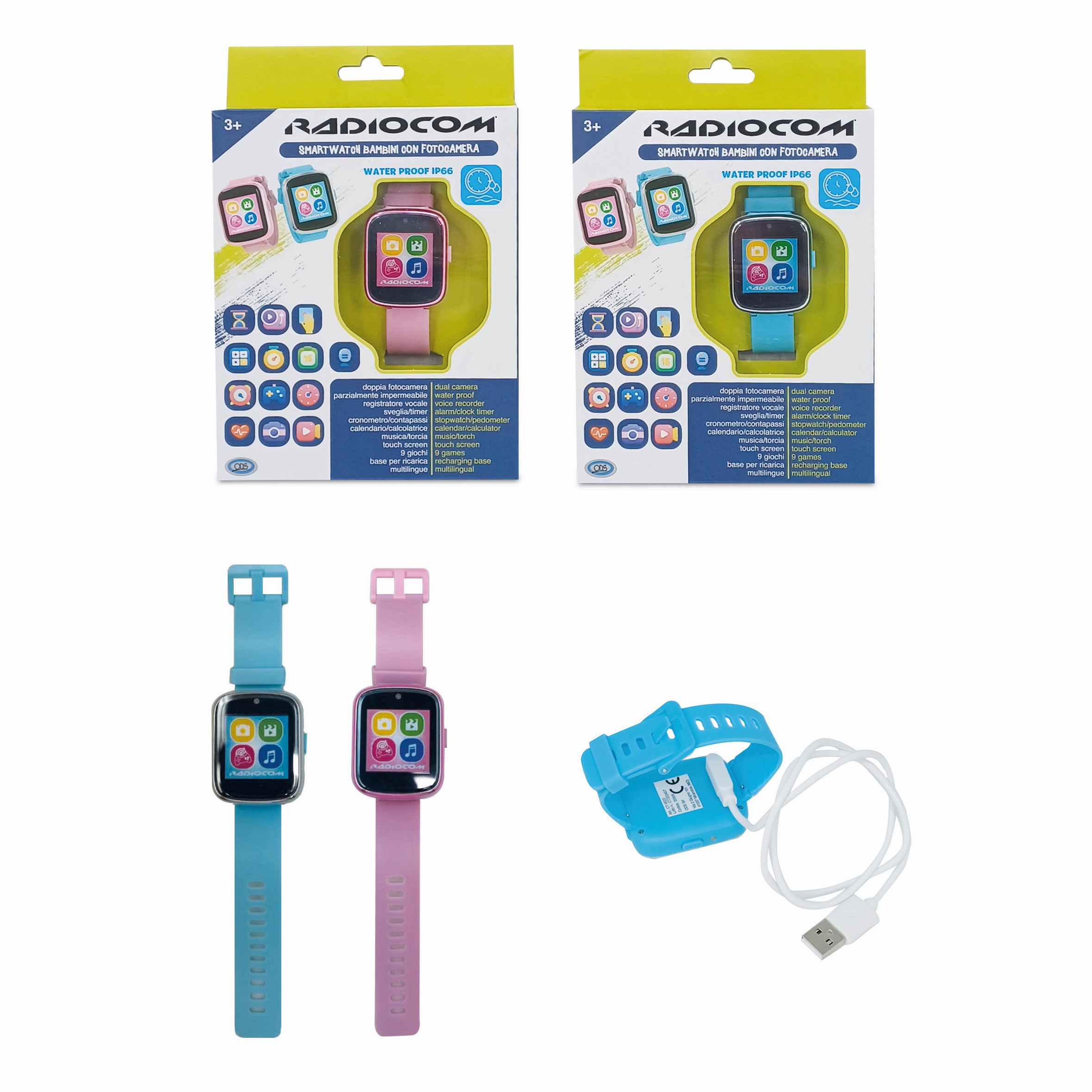Radiocom - Smartwatch Bambini Con Camera Wp 512 Mb Smartwatch educativo multifunzione fotocamera integrata grado di protezione IP66 (resitente a potenti getti d'acqua) scheda di memoria da 512mb all'interno sistema di ricarica magnetica senza filo manua