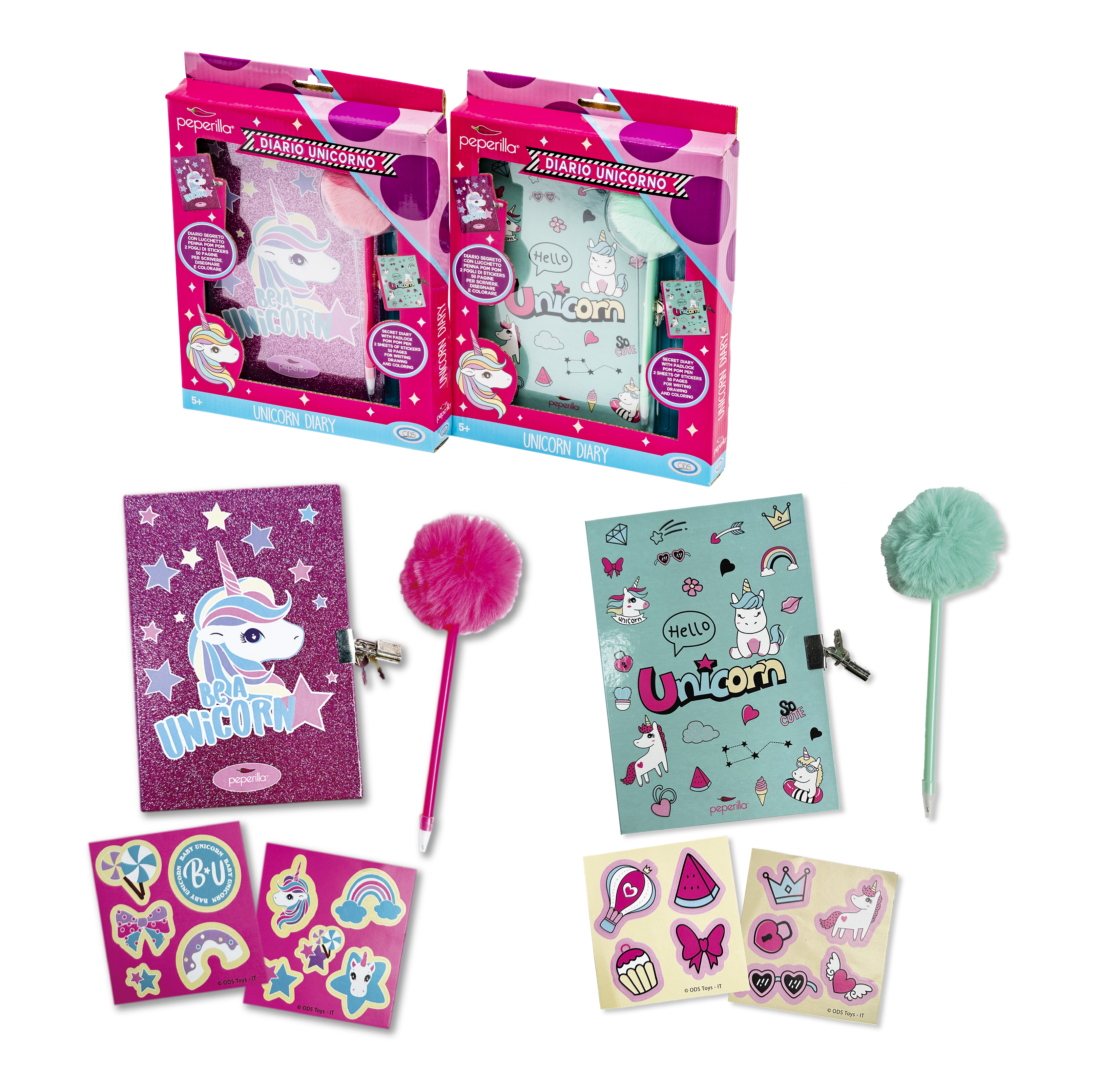 Peperilla - Diario Segreto Baby Unicorn Quaderno con 50 pagine e copertina rigida con lucchetto, penna pom pom 2 fogli di adesivi