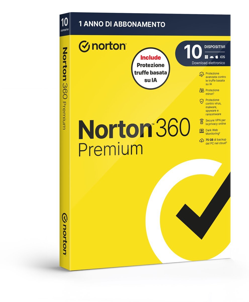 NORTON 360 PREMIUM 2026 ANTITRUFFA 10 DISPOSITIVI 75GB …