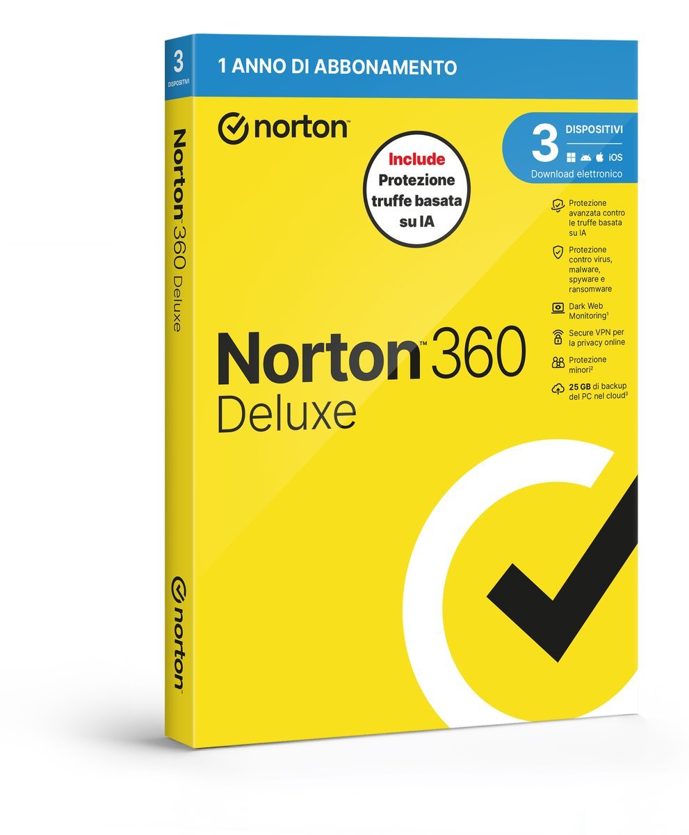 NORTON 360 DELUXE 2026 ANTITRUFFA 3 DISPOSITIVI 25GB …