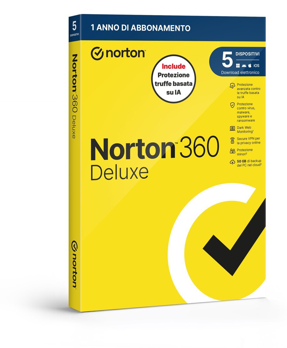 NORTON 360 DELUXE 2026 ANTITRUFFA 5 DISPOSITIVI 50GB …