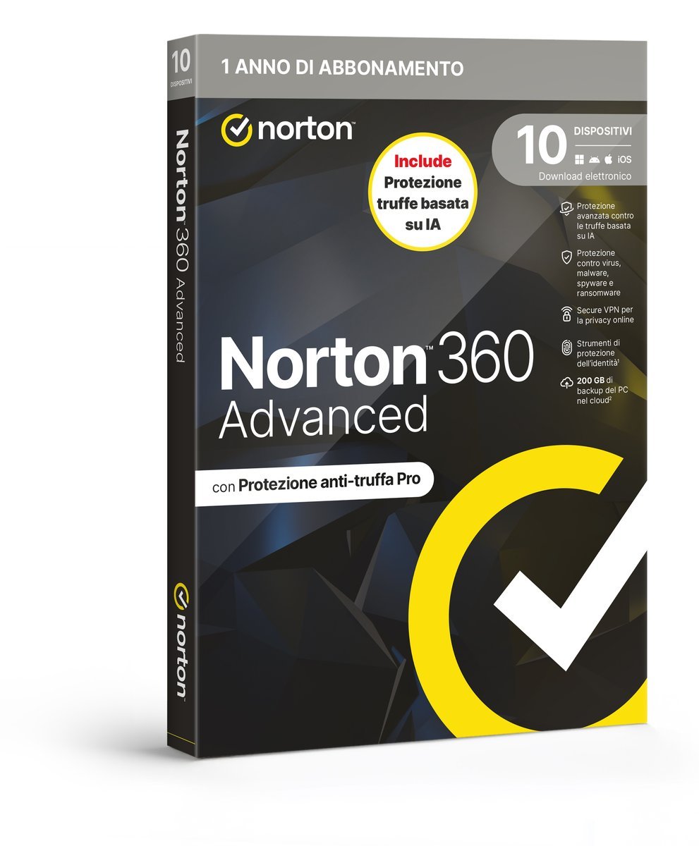 NORTON 360 ADVANCED 2026 ANTITRUFFA 10 DISPOSITIVI 200GB …