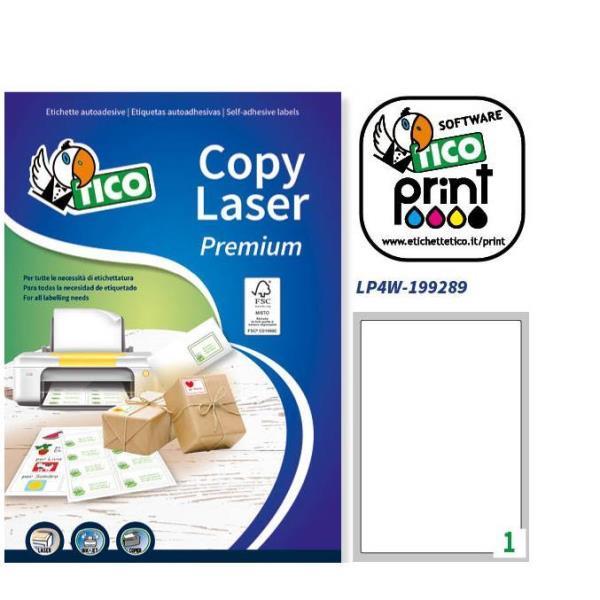 Tico Copy Laser Premium - Opaca - adesivo permanente - rivestito in silicone - bianco - 199 x 289 mm - 144 g/m² - 100 etichette (100 foglio(i) x 1) etichette in carta