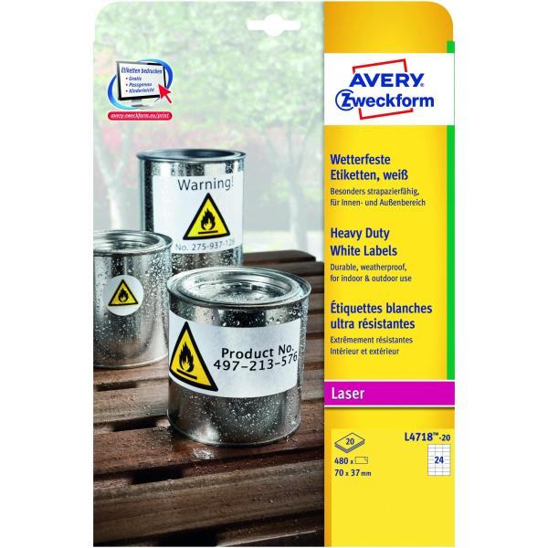 Etichette adesive L4718 - in poliestere - laser - permanenti - 70 x 37 mm - 24 et/fg - 20 fogli - bianco - Avery