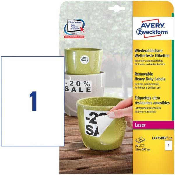 Avery Zweckform L4775REV - Poliestere - Opaca - autoadesivo rimovibile - bianco - A4 (210 x 297 mm) 20 etichette Etichette pellicola