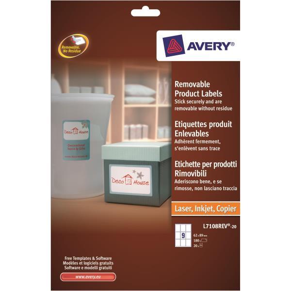 Avery Zweckform L7108REV-20 - Adesivo rimovibile - bianco - 62 x 89 mm 180 etichette (20 foglio(i) x 9) etichette