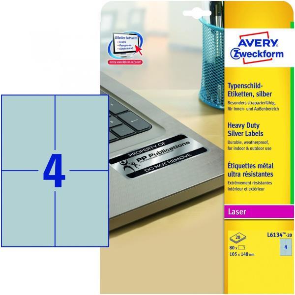Etichette adesive L6134 - in poliestere - laser - permanenti - 105 x 148 mm - 4 et/fg - 20 fogli - argento - Avery