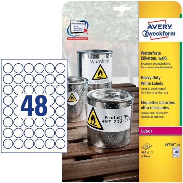 Etichette adesive tonde L4716 - in poliestere - laser - permanenti - diametro 30 mm - 48 et/fg - 20 fogli - bianco - Avery