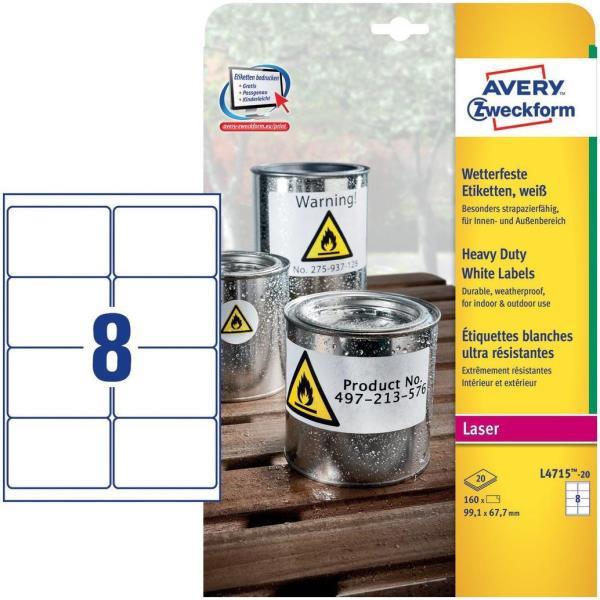 Etichette adesive L4715 - in poliestere - laser - permanenti - 99,1 x 67,7 mm - 8 et/fg - 20 fogli - bianco - Avery