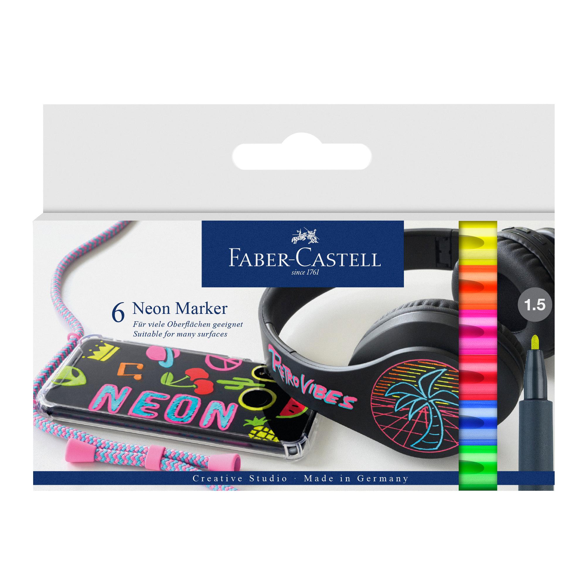 Faber-Castell Neon - Penna punta in fibra - yellow me happy, a little bit juicy, little red corvette, anything flamingoes, electric storm, karma chameleon - inchiostro base acqua - 1.5 mm (pacchetto di 6)