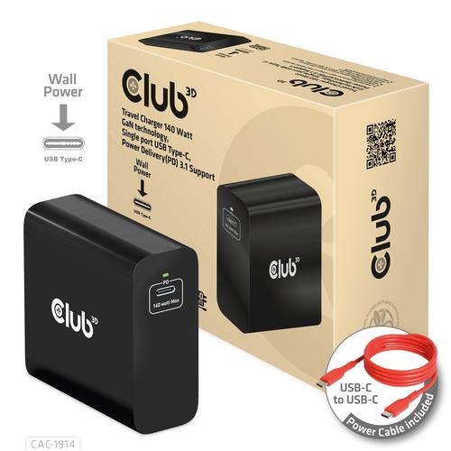 CLUB3D CAC-191 TRAVEL CHARGER 140 WATT GaN TECHNOLOGY SINGLE PORT USB TYPE-C POWER DELIVERY(PD) 3.1 SUPPORT