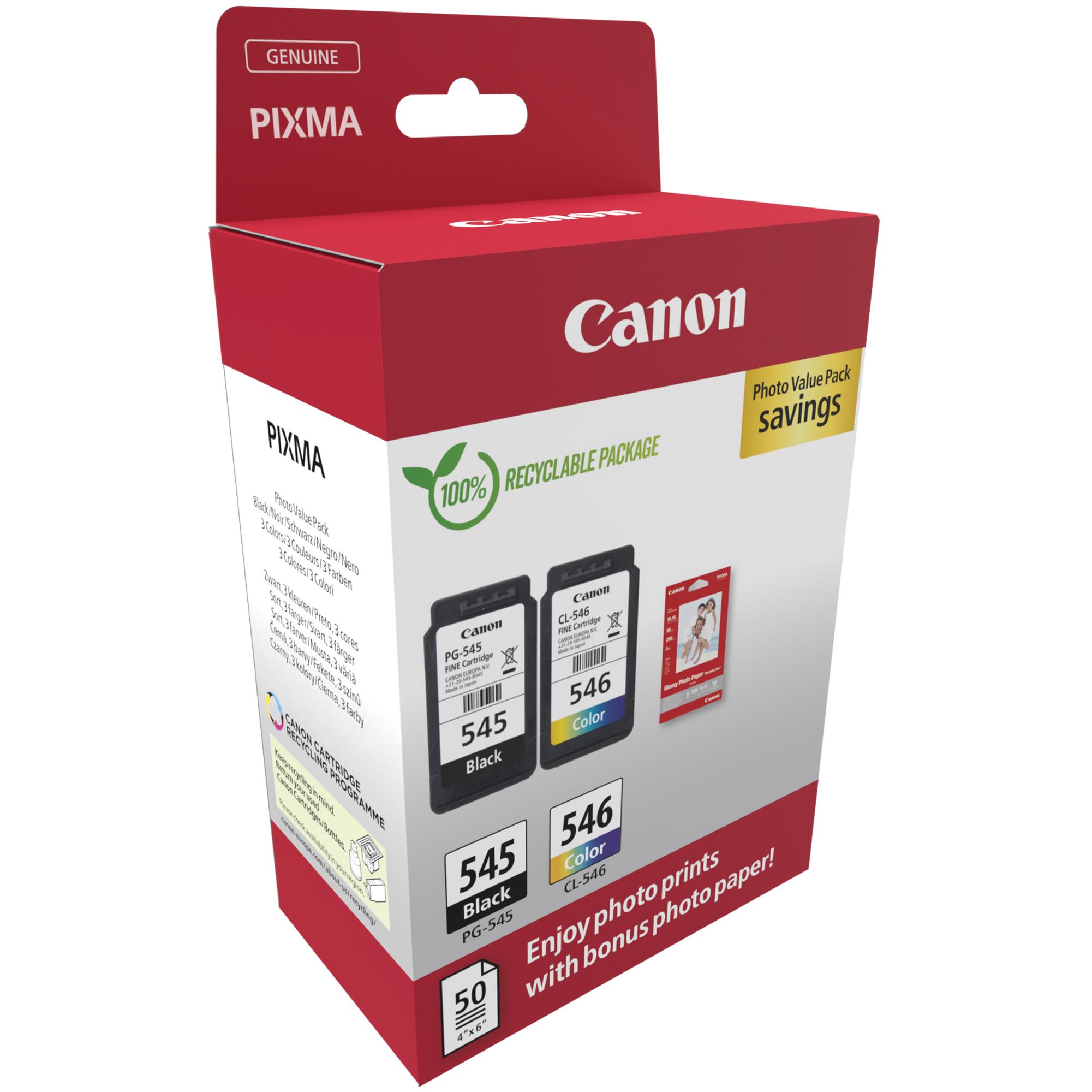 CANON PG-545 / CL-546 VALUE PACK 2 CONFEZIONI DA 8 ML NERO + COLORE (ciano, magenta, giallo) + 50 FOGLI DI CARTA LUCIDA PER PIXMA iP2850, MG2450, MG2550, TR4550, TR4551