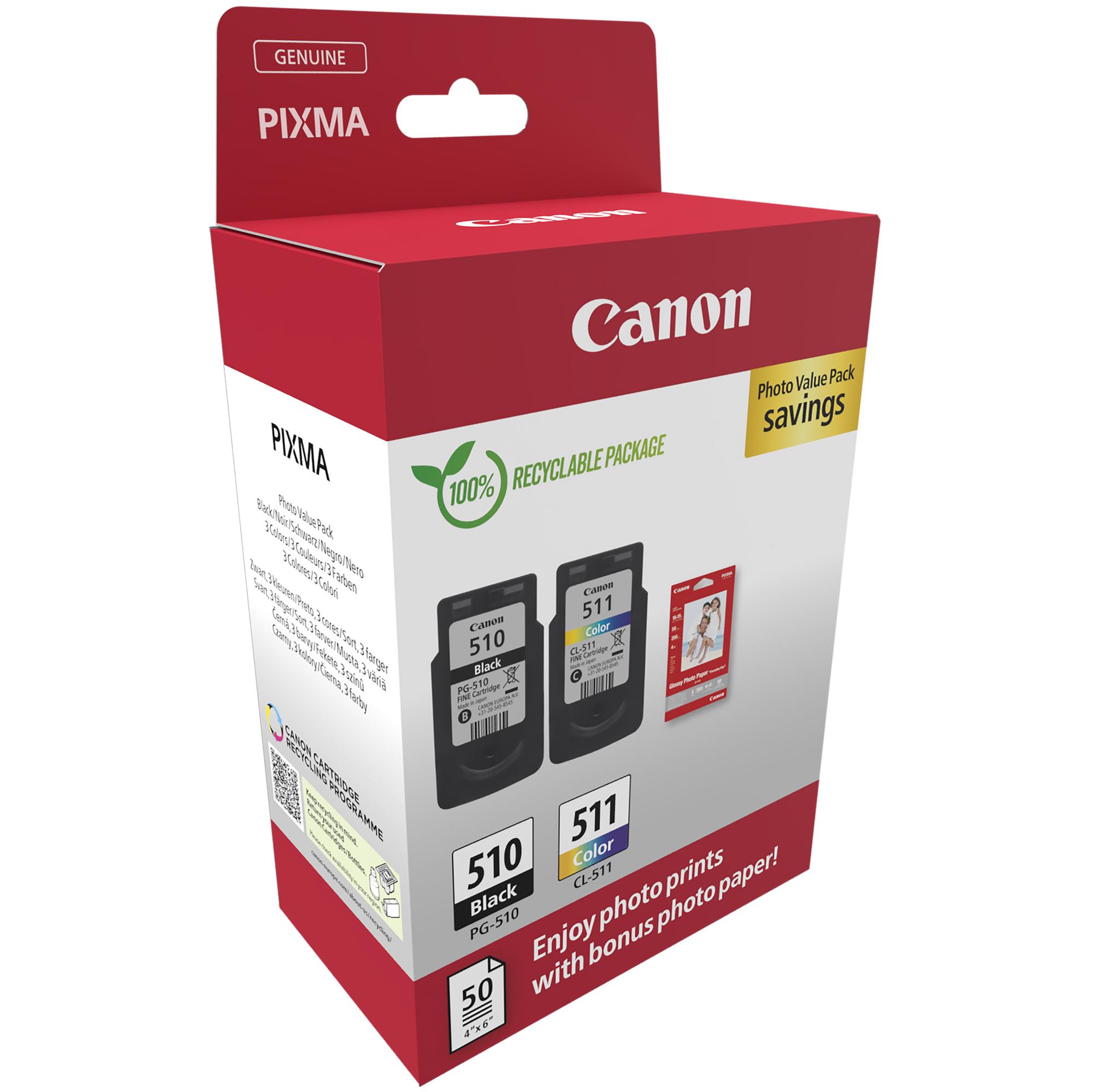 Canon PG-510/CL-511 Photo Paper Value Pack - Confezione da 2 - nero, colore (ciano, magenta, giallo) - originale - confezione da appendere - kit cartuccia inchiostro/carta - per PIXMA iP2700, MP230, MP252, MP272, MP280, MP282, MP492, MP495, MP499, MX360,