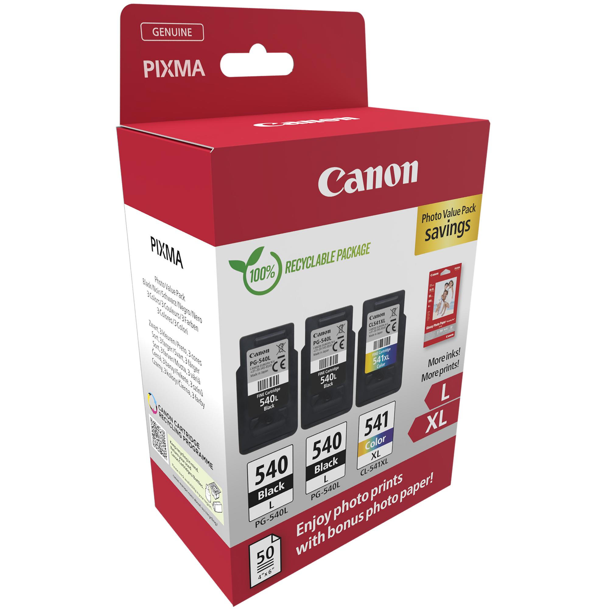 Canon PG-540L x2/CL-541XL Photo Paper Value Pack - Confezione da 2 - nero, colore (ciano, magenta, giallo) - originale - confezione da appendere - kit cartuccia inchiostro/carta - per PIXMA MG3250, MG3550, MG3650, MG4250, MX395, MX455, MX475, MX525, MX535