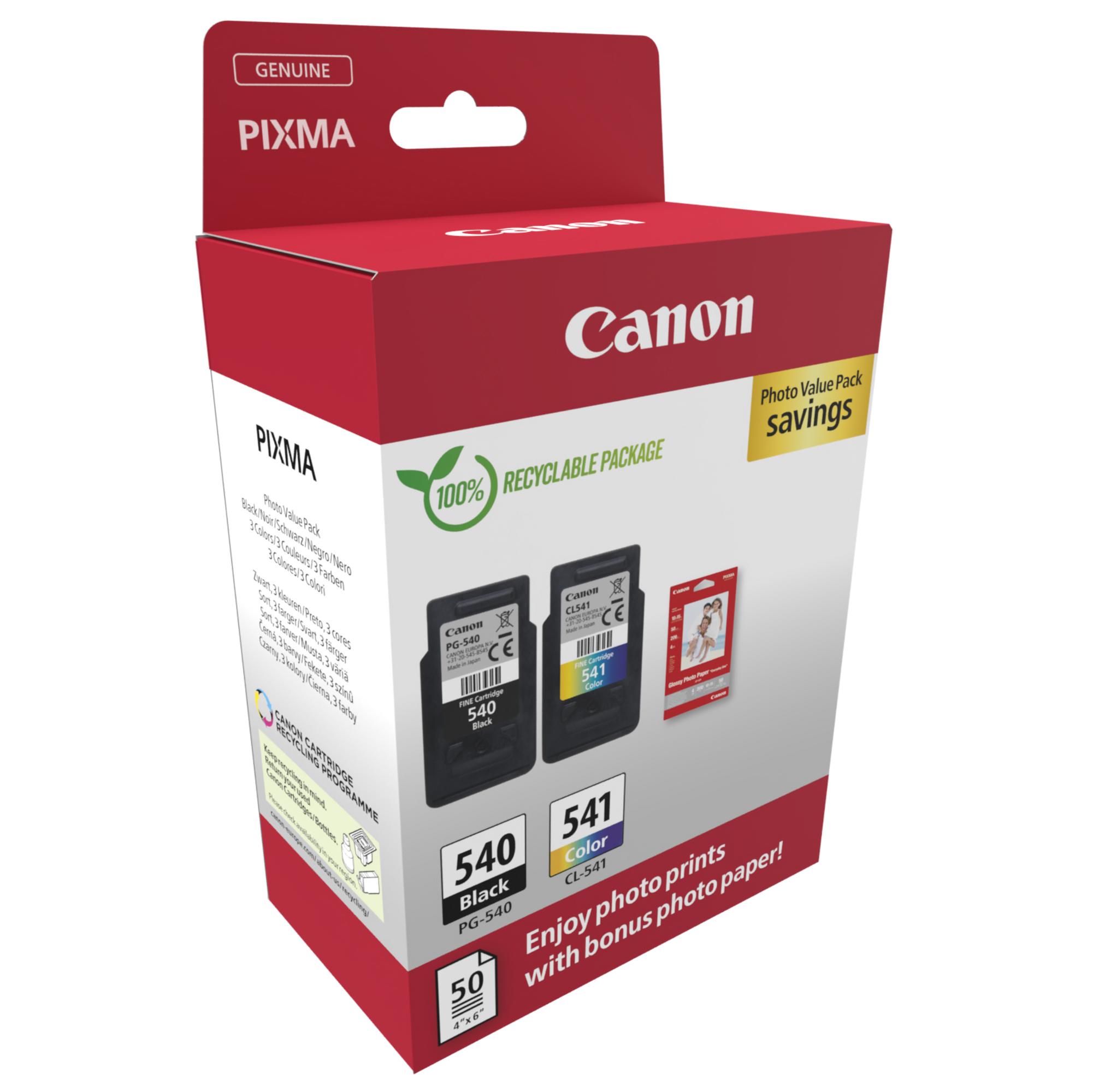 Canon PG-540/CL-541 Photo Paper Value Pack - Confezione da 2 - nero, colore (ciano, magenta, giallo) - originale - confezione da appendere - kit cartuccia inchiostro/carta - per PIXMA MG3250, MG3550, MG3650, MG4250, MX395, MX455, MX475, MX525, MX535, TS51