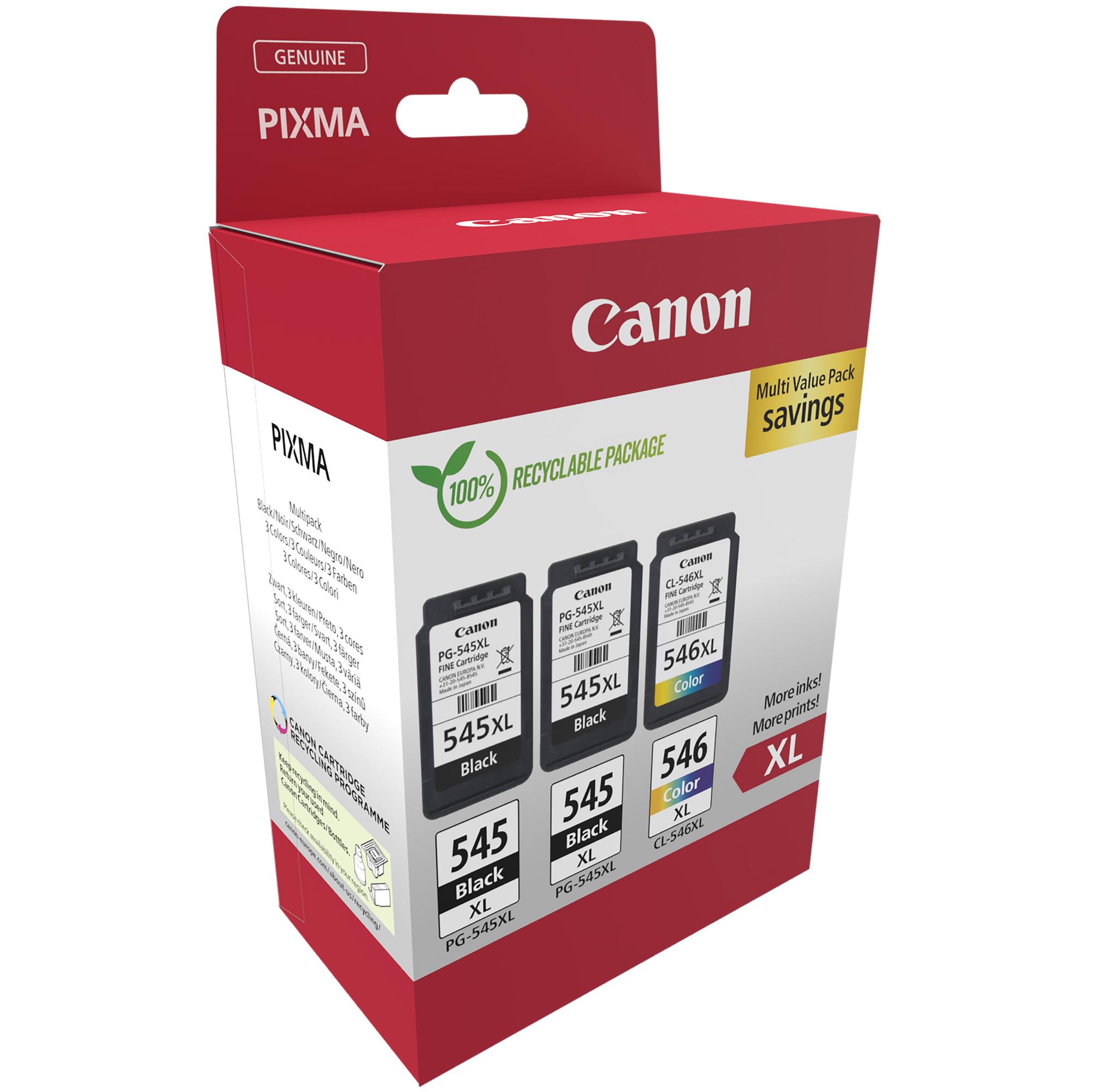 Canon PG-545XL x2 /CL-546XL Multi Pack - Confezione da 3 - Alta resa - nero, colore (ciano, magenta, giallo) - originale - confezione da appendere - cartuccia d'inchiostro - per PIXMA TR4551, TR4650, TR4651, TS3350, TS3351, TS3352, TS3355, TS3450, TS3451,