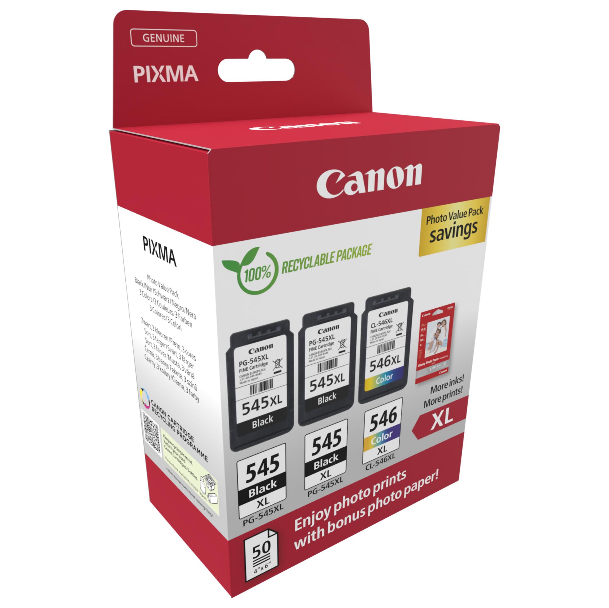 Canon PG-545 XL/CL-546XL Photo Value Pack - Confezione da 3 - nero, colore (ciano, magenta, giallo) - originale - kit cartuccia inchiostro/carta