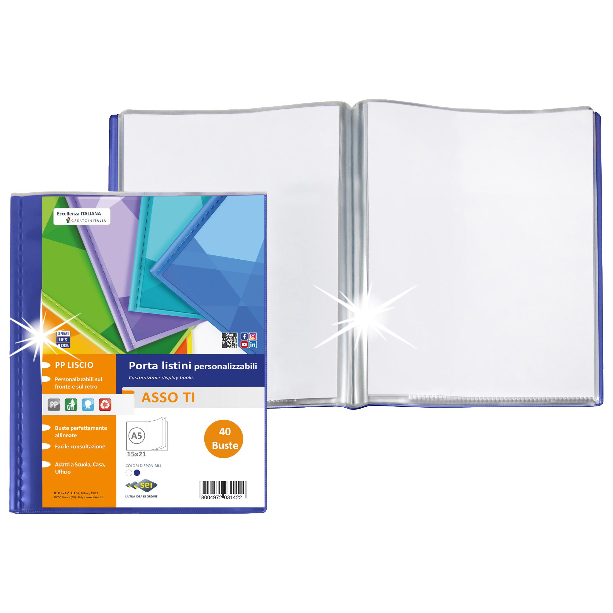 Portalistini Asso TI - personalizzabile - PP liscio - 15 x 21 cm - 40 buste -  blu - Sei Rota