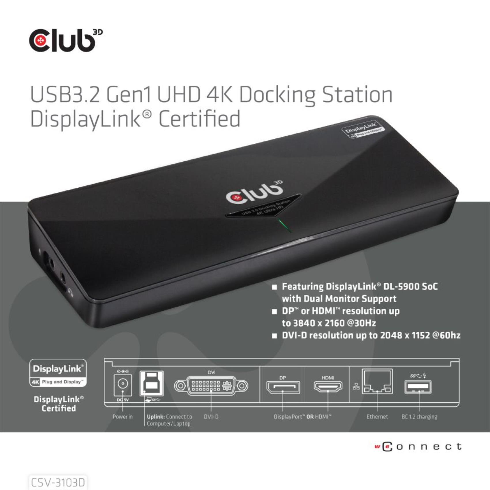 Club3D USB3.2 Gen1 UHD 4K Docking Station DisplayLink Certified