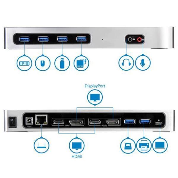 StarTech.com Dock USB-C e USB-A - Dock doppio monitor DisplayPort + HDMI 4K 60Hz - Docking station ibrida USB 3.0 per laptop USB-C o USB-A - 6x USB Type-A, GbE - USB 3.1 Gen 1 - Mac/Window - Docking station - USB-C / Thunderbolt 3 - 2 x HDMI - GigE - per