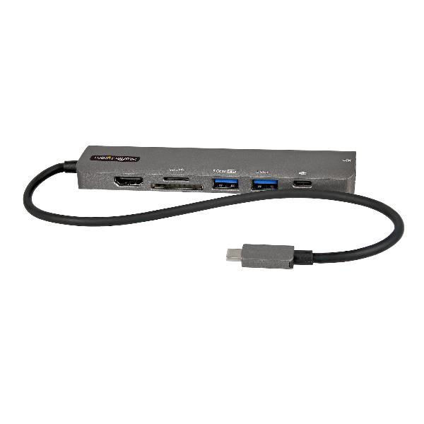 StarTech.com Adattatore multiporta USB C - Da USB-C a HDMI 2.0 4K 60Hz, 100W PD Pass-through, slot SD/MicroSD, Hub USB 3.0 a 2 porte - USB Type-C Mini Dock - Cavo integrato da 30cm (DKT30CHSDPD1) - Docking station - USB-C / Thunderbolt 3 - HDMI - GigE