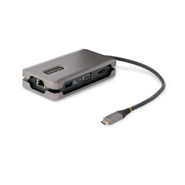 StarTech.com USB-C Multiport Adapter, HDMI/VGA, 4K 60Hz Video, 3-Port USB Hub, 100W Power Delivery Pass-Through, GbE, USB Type-C Travel Dock w/ Charging, 1ft/30cm Wrap-Around Cable - Mini Laptop Docking Station (DKT31CVHPD3) - Docking station - USB-C - VG