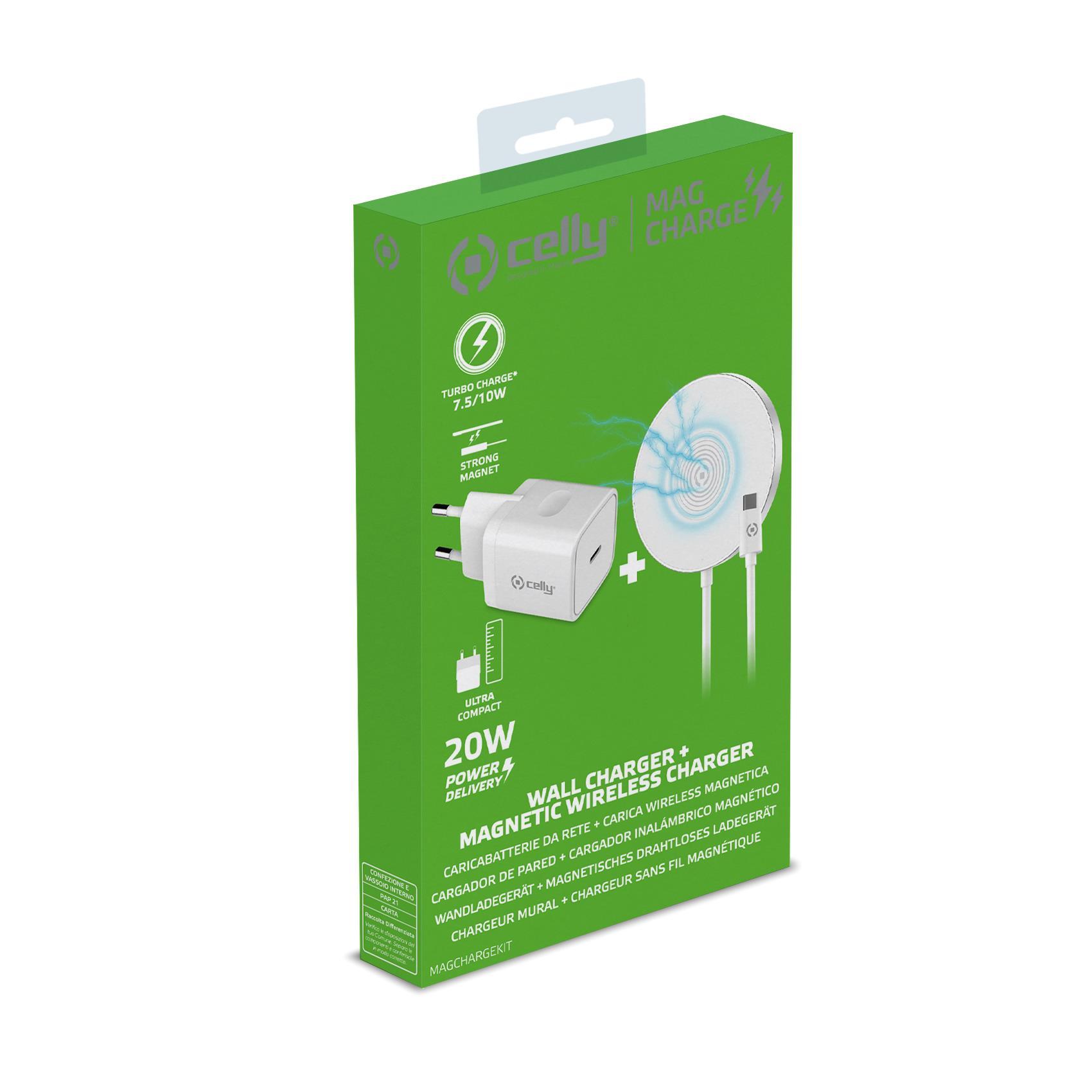 CELLY CARICABATTERIE DA RETE 1 X USB TIPO C 20 W + CARICABATTERIE MAGNERICO WIRELESS BIANCO